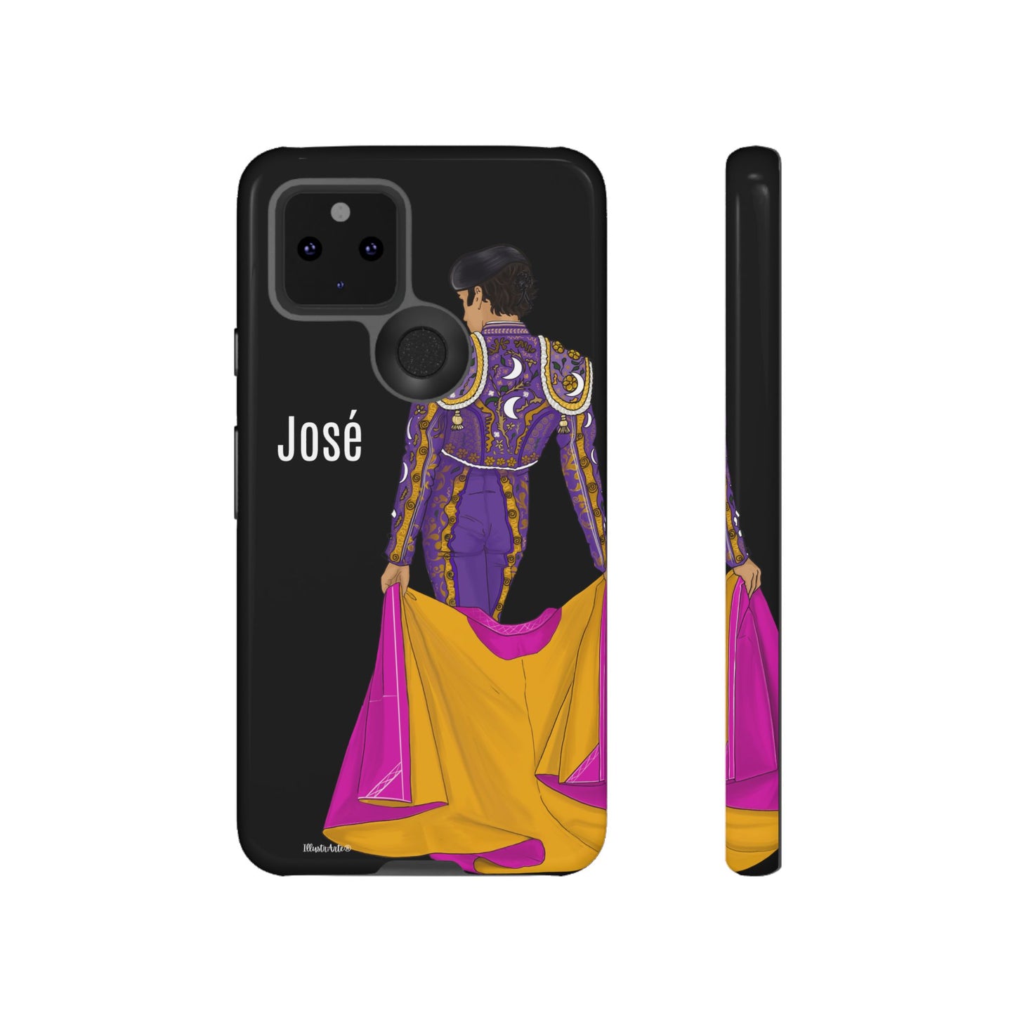 una funda de teléfono con una imagen de un hombre en un traje morado y amarillo