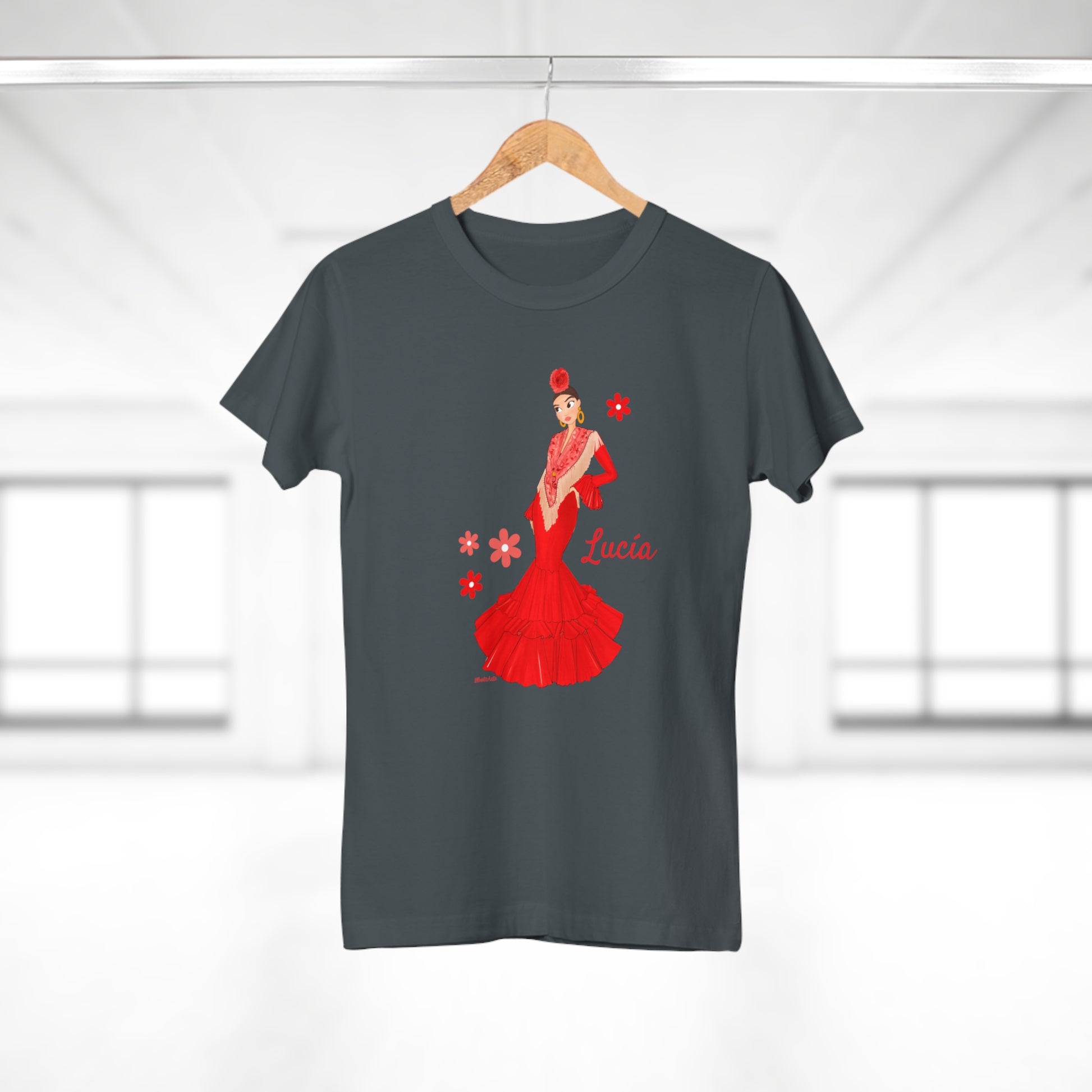 a t - shirt with a woman in a red dress