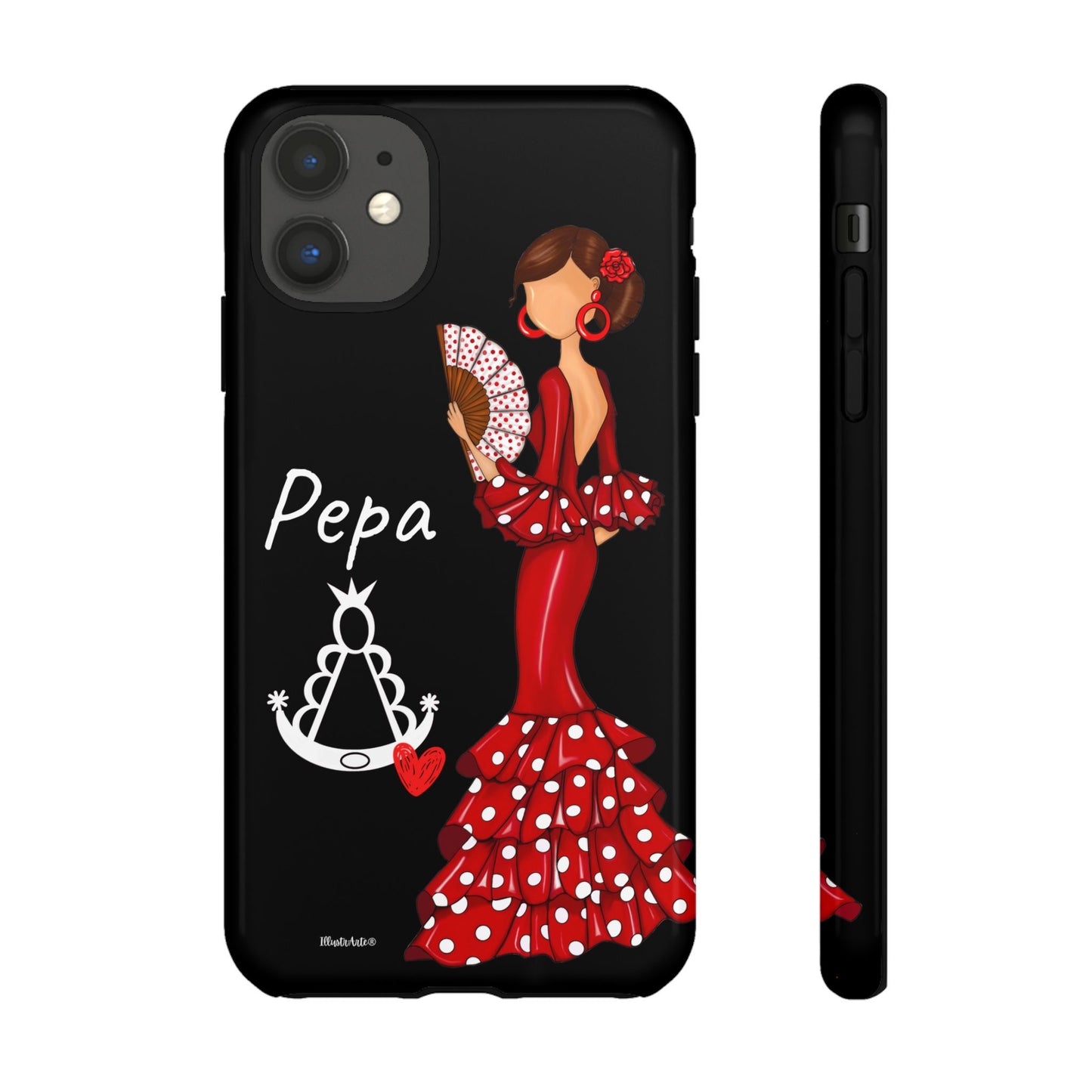 una funda de teléfono con una mujer en un vestido de lunares