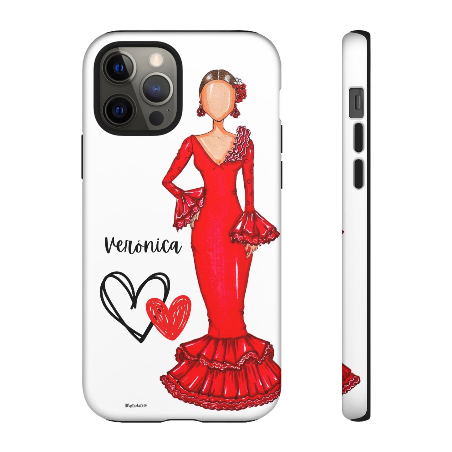 una funda de teléfono con un dibujo de una mujer en un vestido rojo