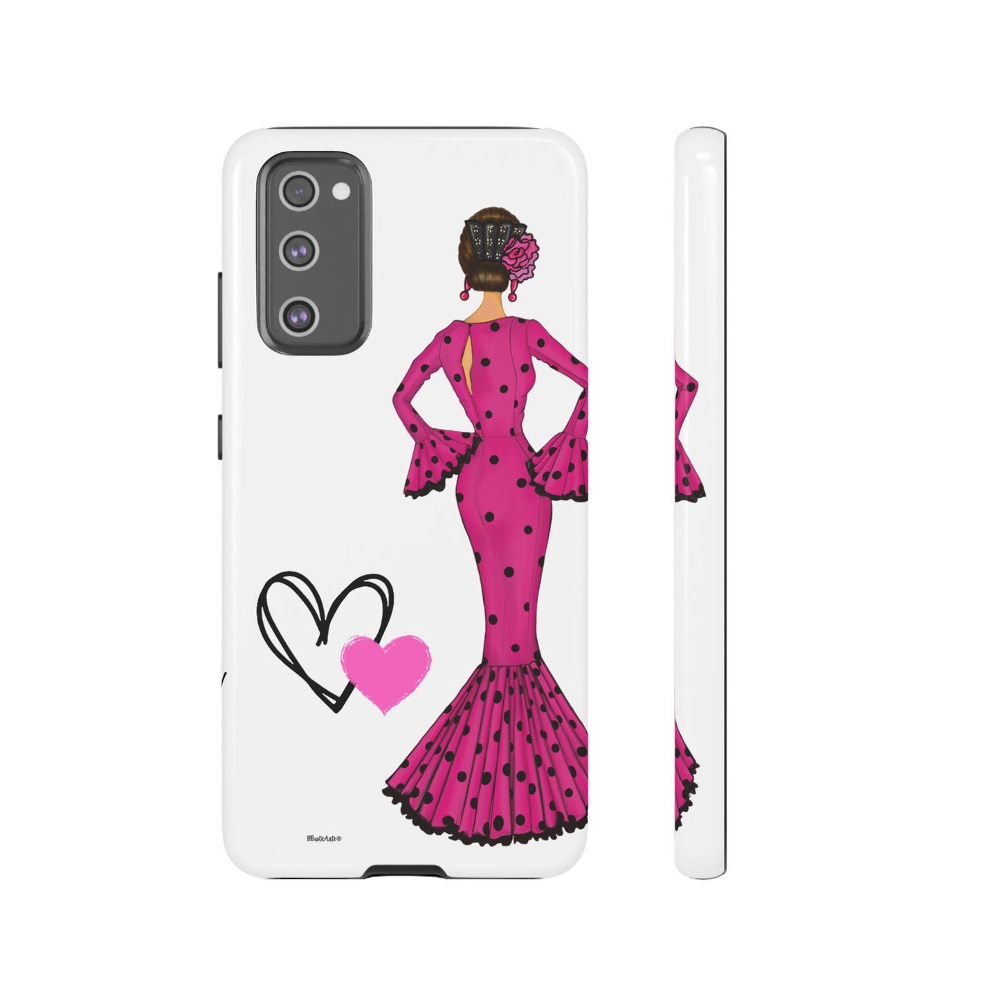 una funda de teléfono con una mujer en un vestido rosa