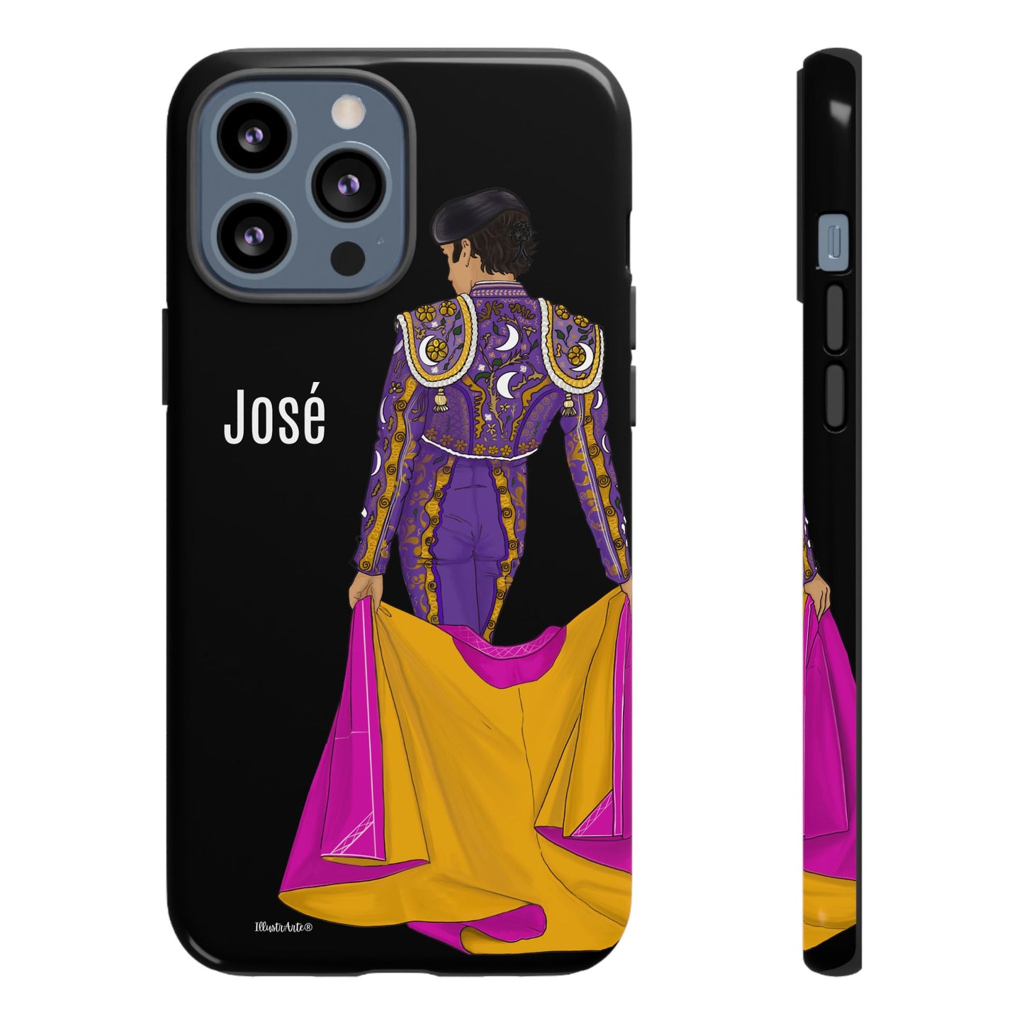 una funda de teléfono con una imagen de un hombre en un traje morado y amarillo