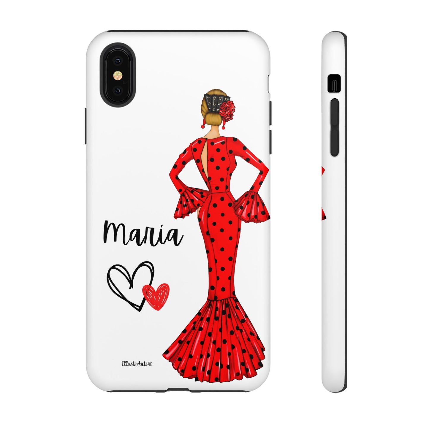 una funda de teléfono con una mujer en un vestido rojo