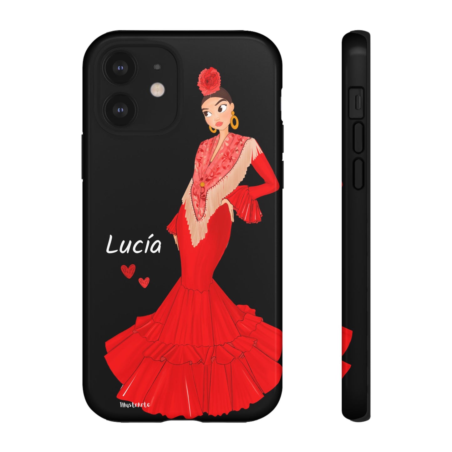 una funda de teléfono con una mujer en un vestido rojo