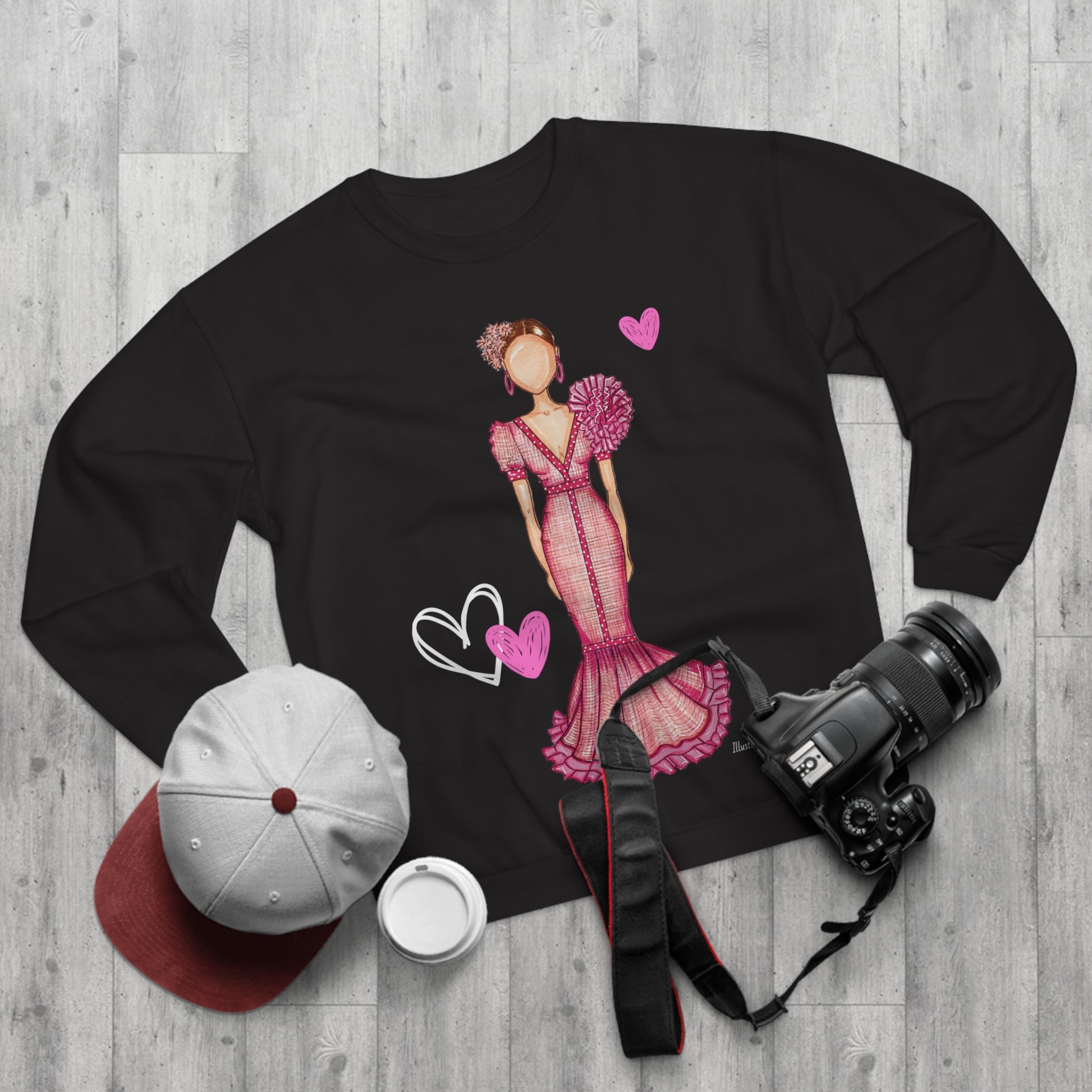 Flamenco lovers white Crewneck Sweatshirt, beautiful flamenco dancer in a pink dress with hearts. - IllustrArte