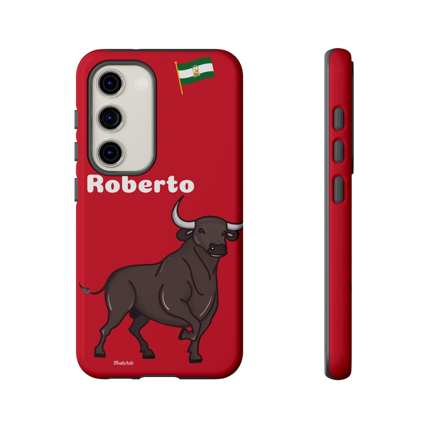 una funda de teléfono roja con un toro en ella