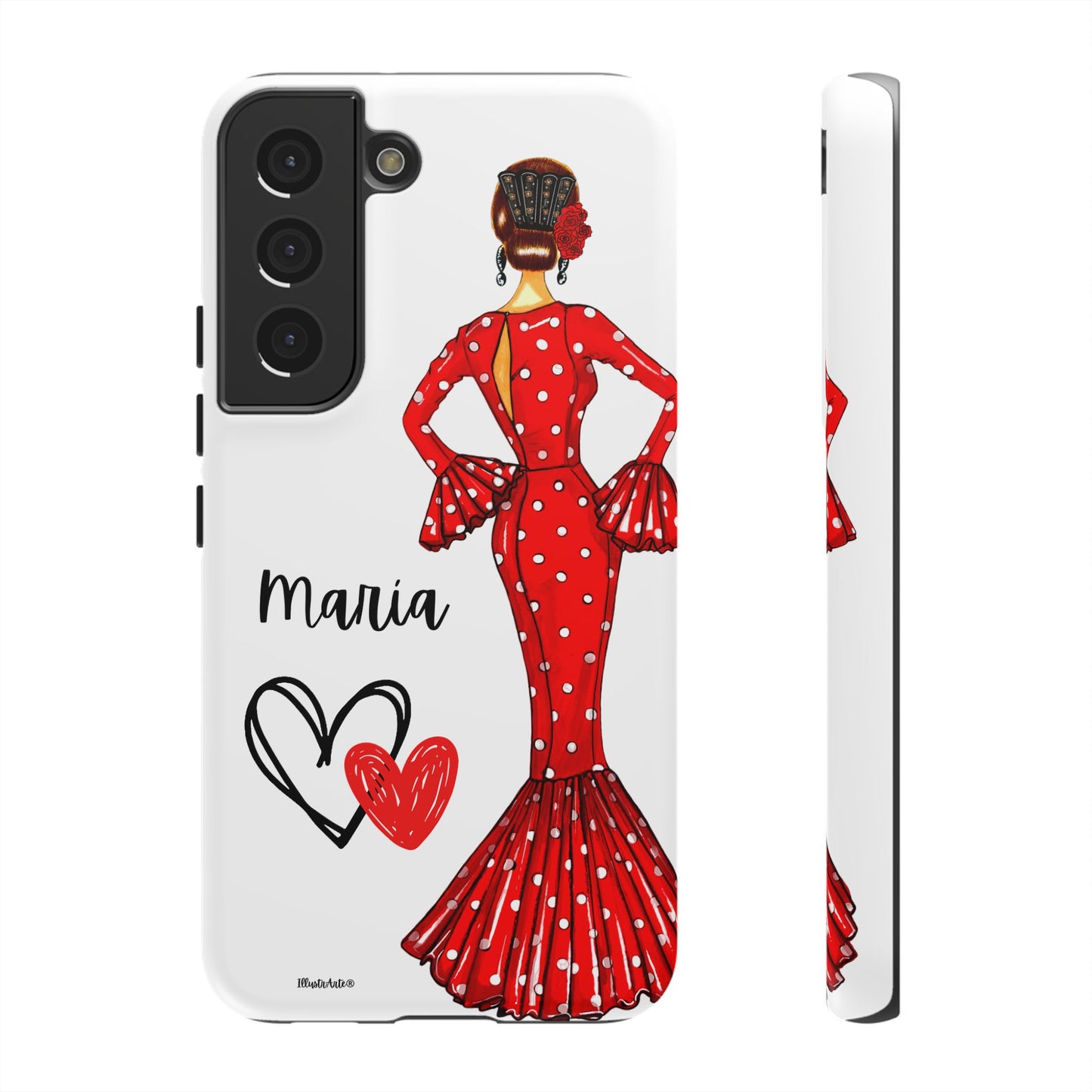 una funda de teléfono con una mujer en un vestido rojo