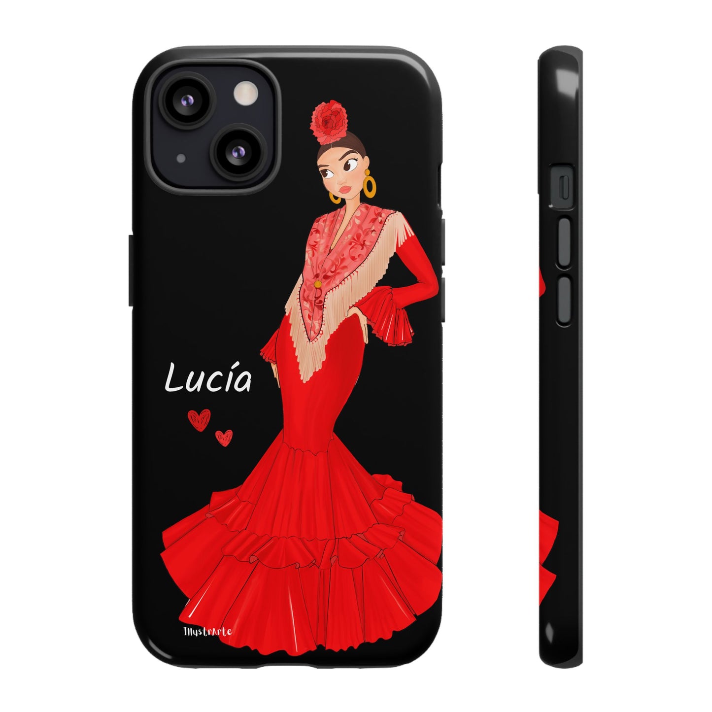 una funda de teléfono con una mujer en un vestido rojo