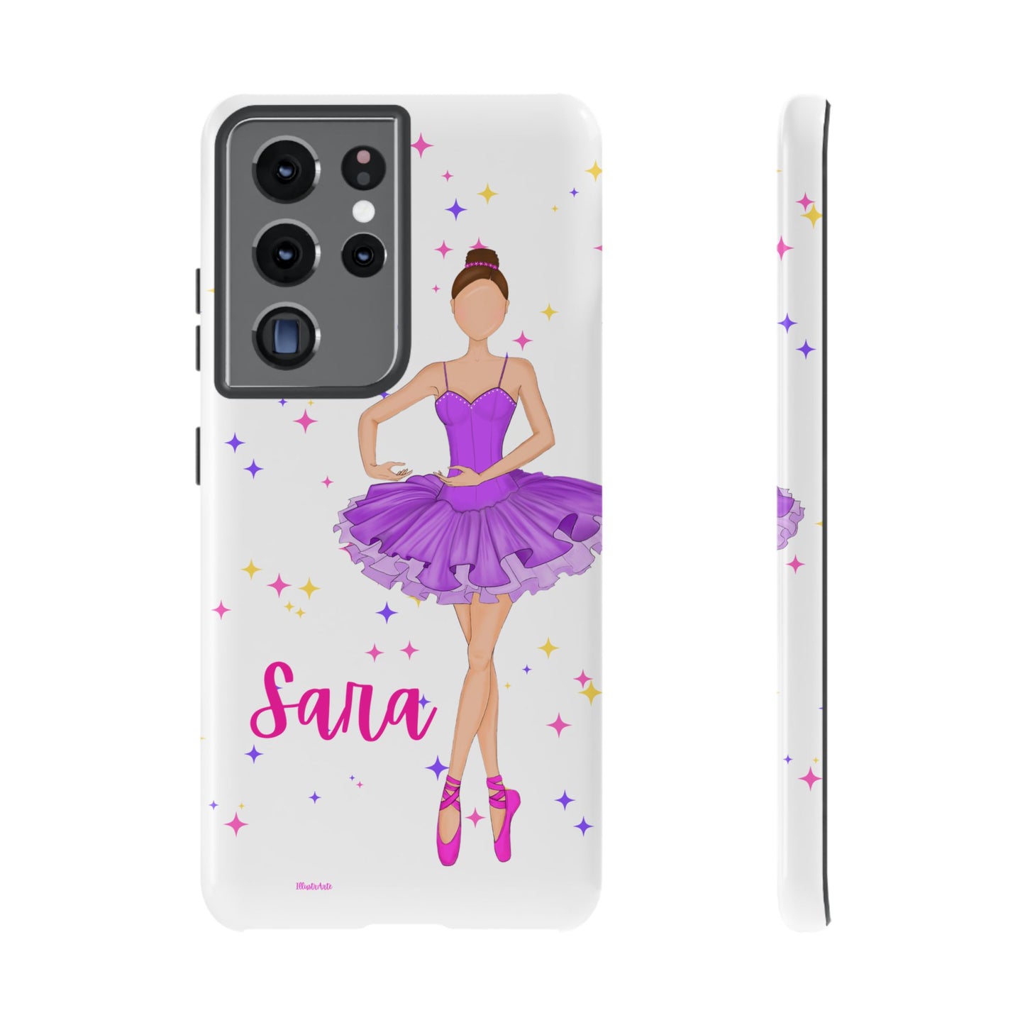 una funda de teléfono con una niña en un vestido púrpura