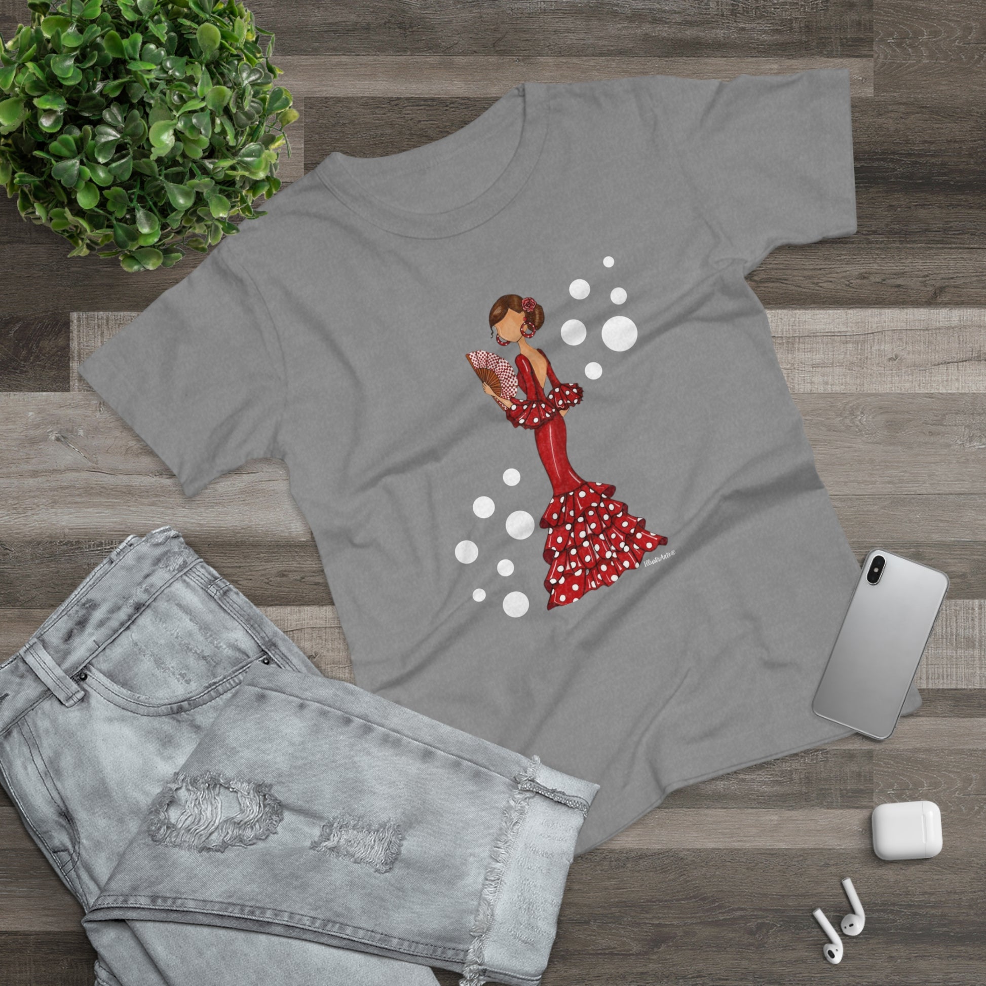 a t - shirt with a picture of a woman in a red dress