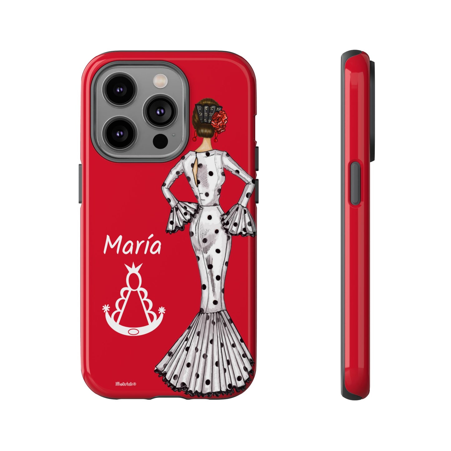 una funda de teléfono roja con una imagen de una mujer