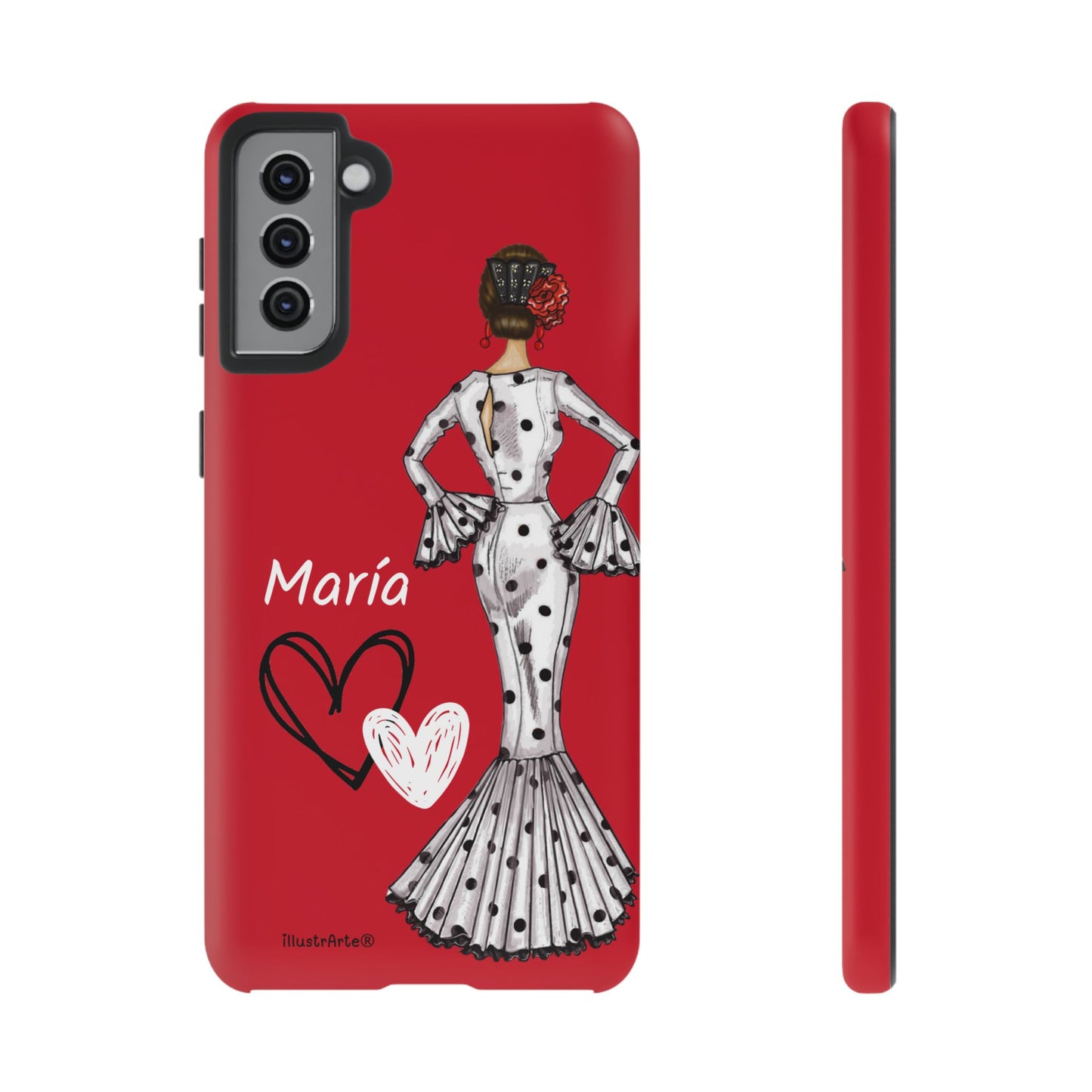 Personalized Maria phone case, white with red hearts background – for iPhone, Samsung, Pixel