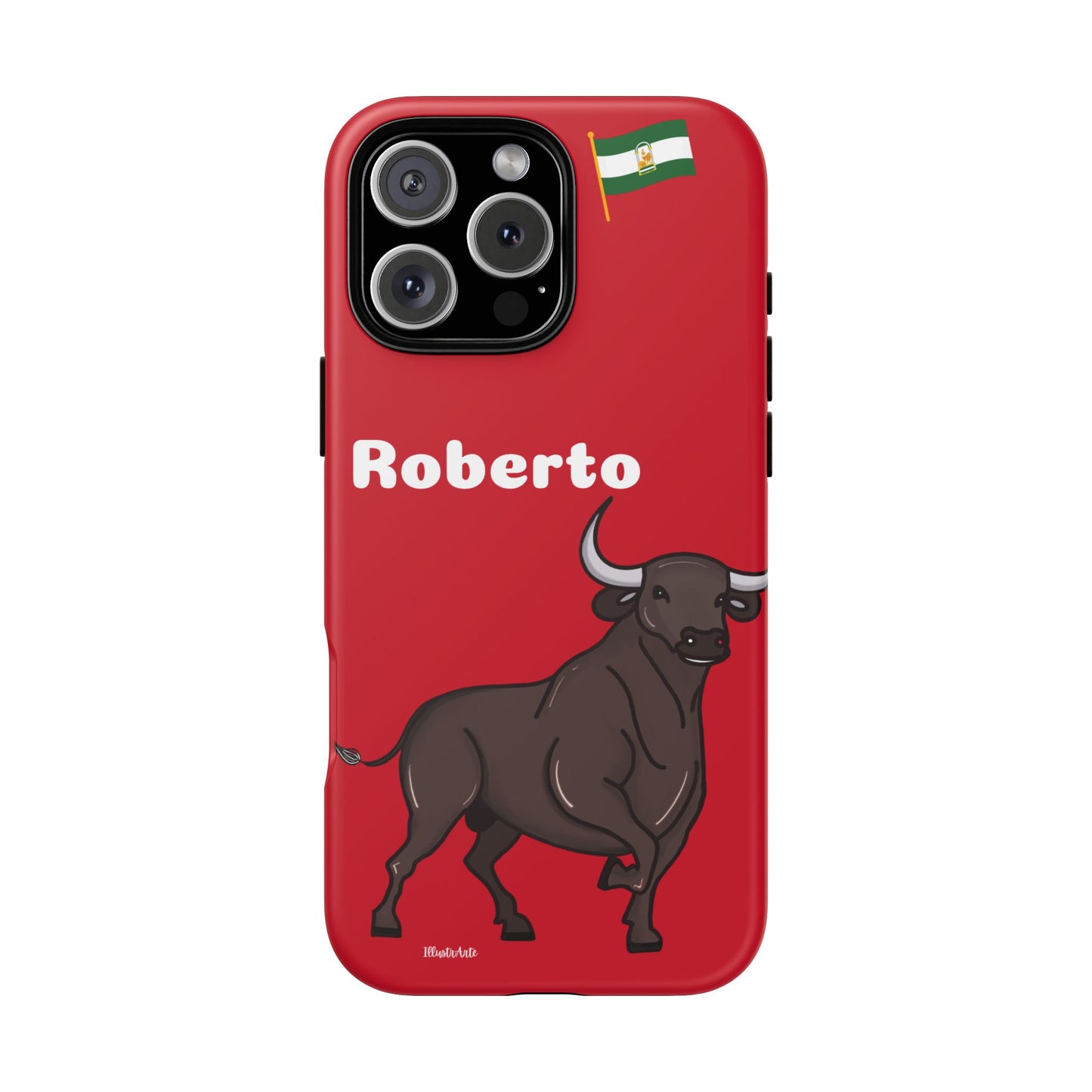 una funda de teléfono roja con un toro en ella