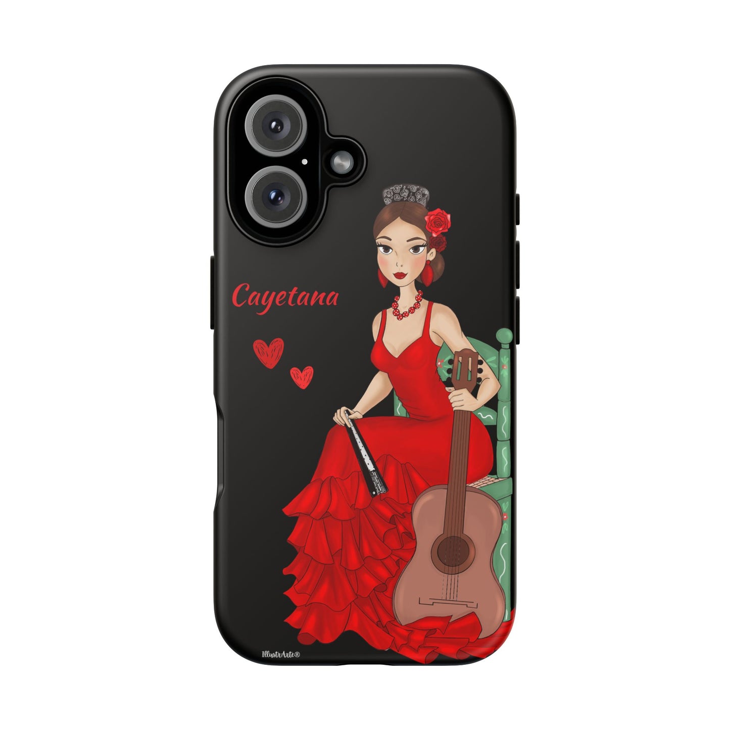 una funda de teléfono con una mujer en un vestido rojo sosteniendo una guitarra