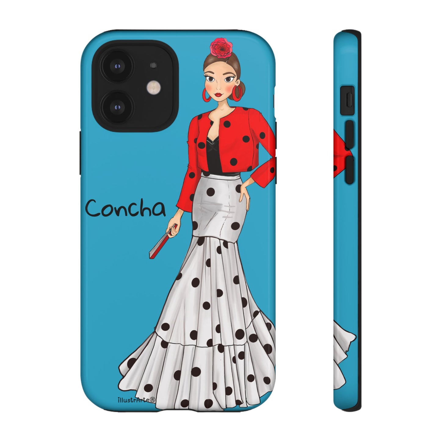 Funda de teléfono personalizable con nombre presentada en ambiente alegre, Modelo Conchita fondo azul.