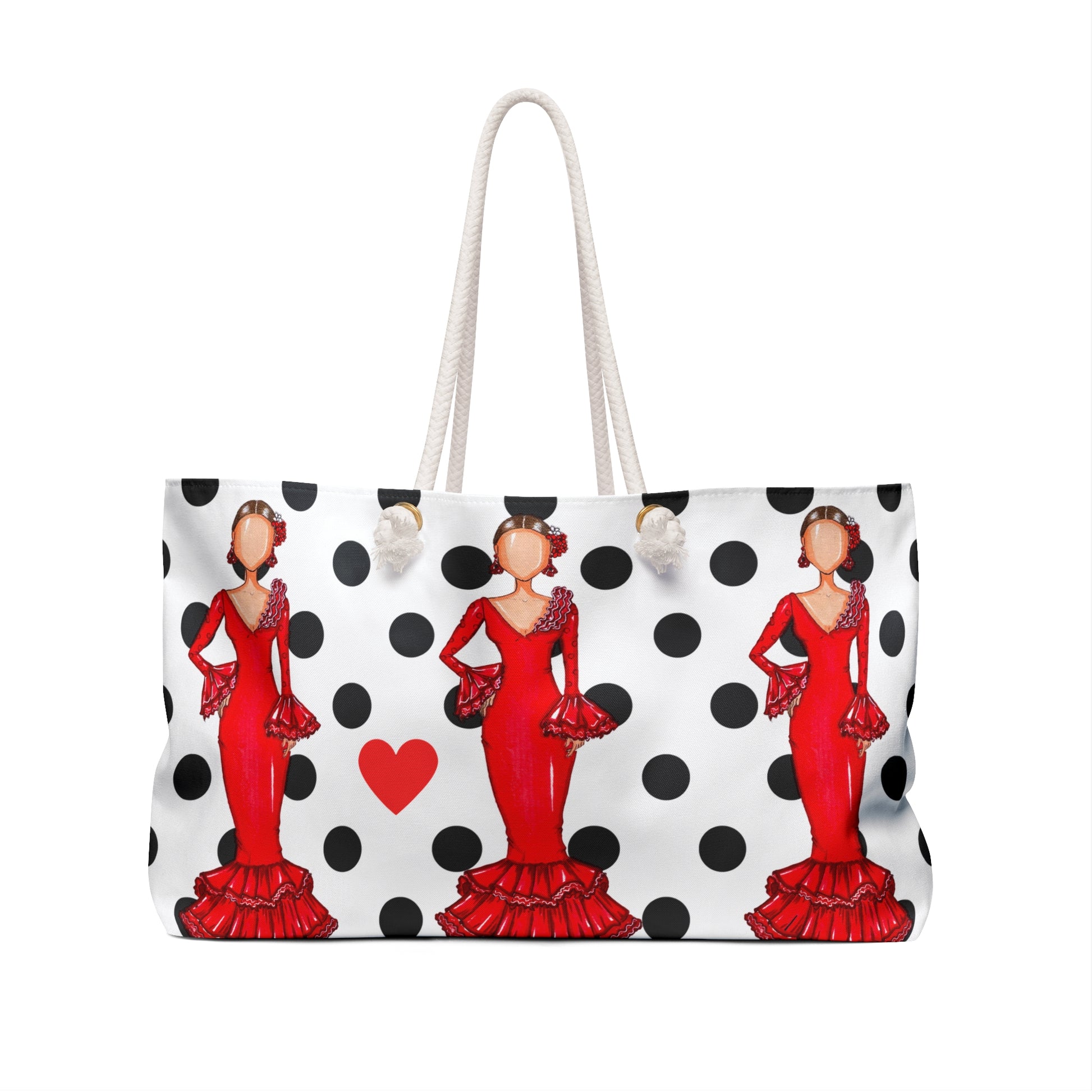 a polka dot bag with a woman in a red dress