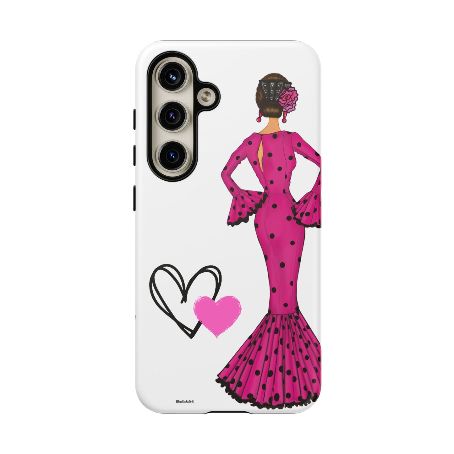 una funda de teléfono con una mujer en un vestido rosa