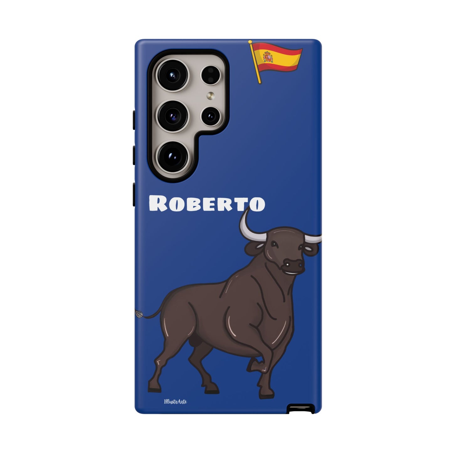 Funda de teléfono personalizable con nombre/bandera/Virgen - Modelo Toro Roberto, ideal para quienes desean un accesorio único.
