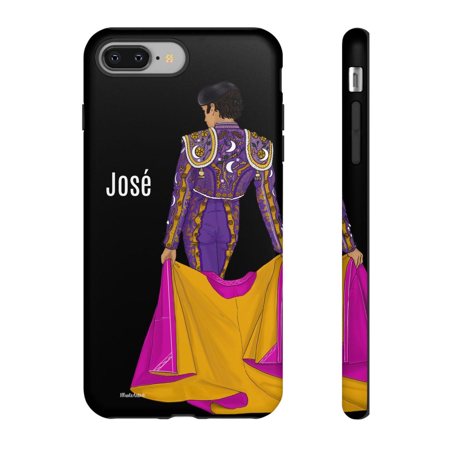 una funda de teléfono con un dibujo de un hombre en un traje morado y amarillo