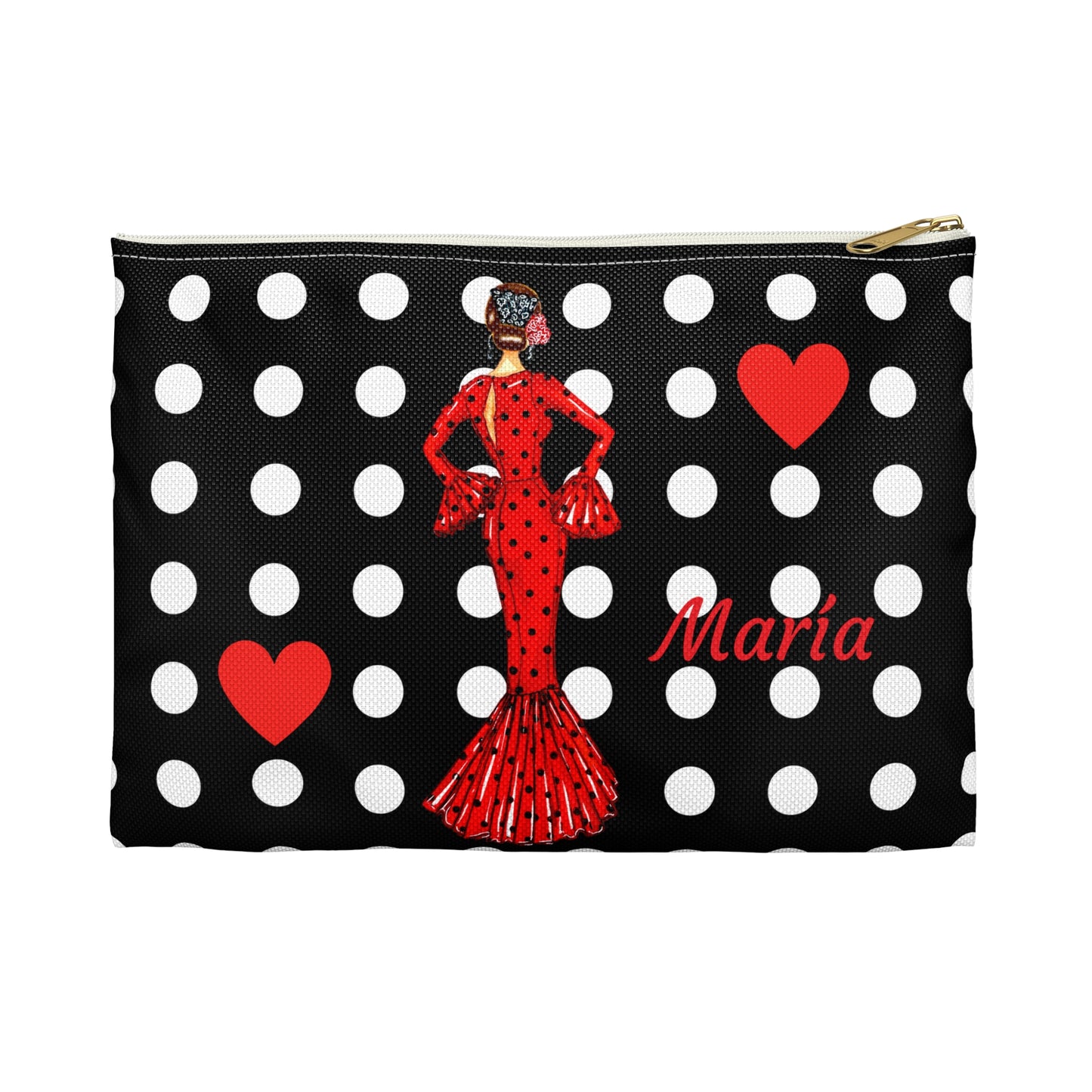 a black and white polka dot bag with a lady in a red dress