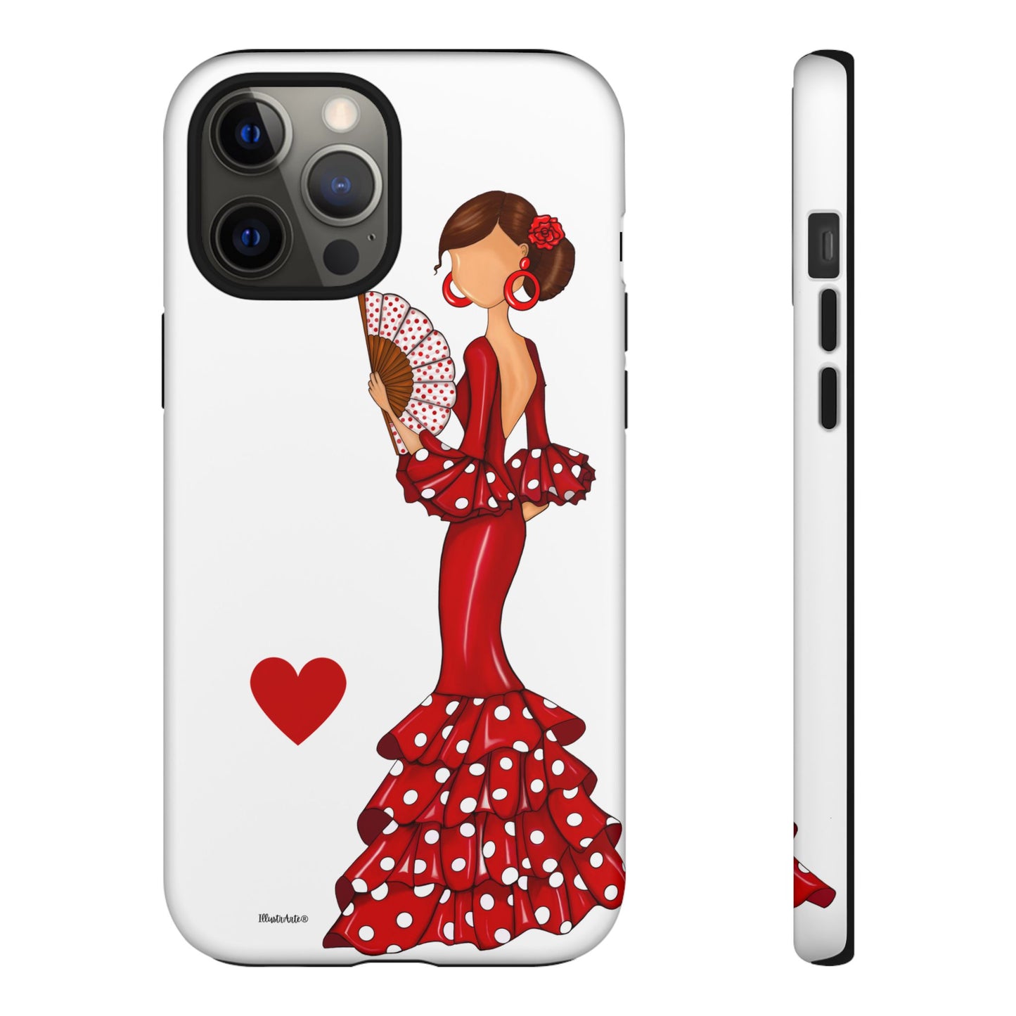 una funda de teléfono con una mujer en un vestido rojo sosteniendo un abanico