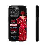 Personalised phone case flamenco dancer Macarena, with quote for iPhone 15 Pro, gloss finish – illustrArte