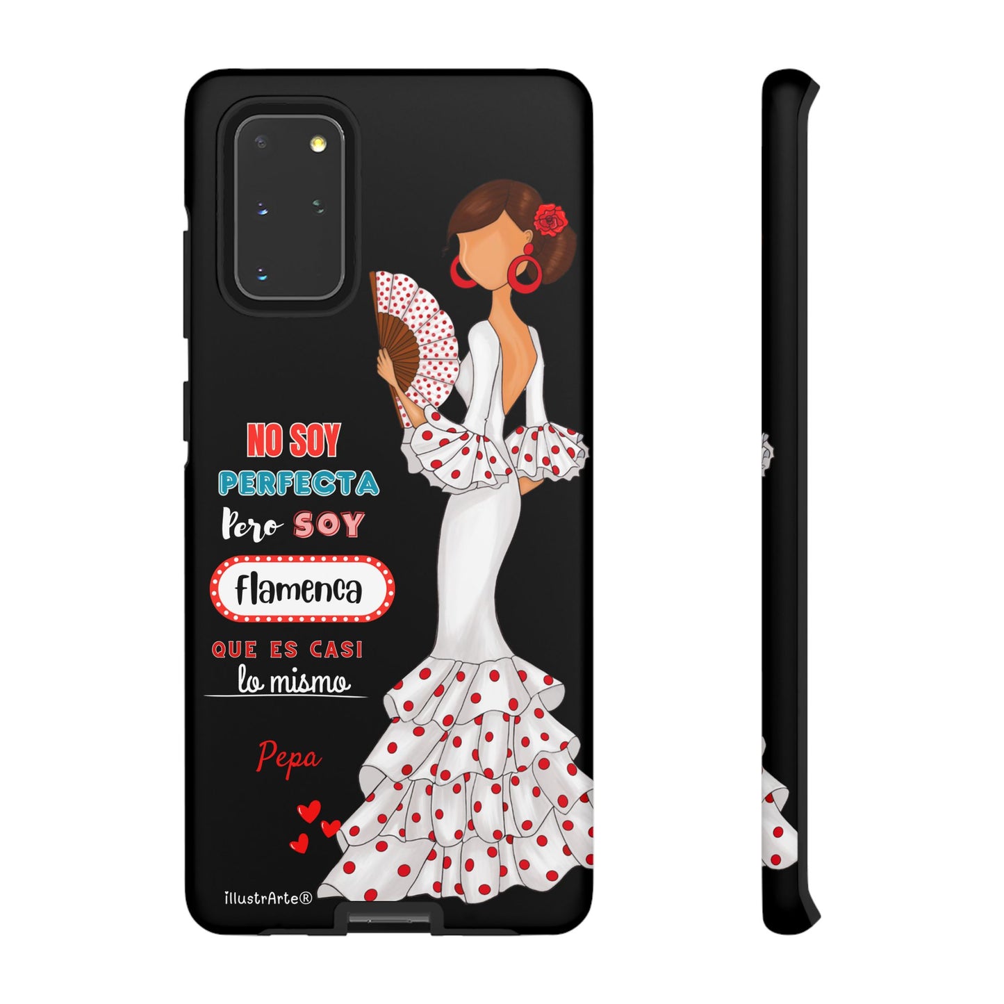 Funda de teléfono personalizable Pepa vestido blanco con frase – para iPhone, Samsung, Pixel