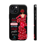 Personalised phone case flamenco dancer Macarena, with quote for iPhone 13 Mini, gloss finish – illustrArte