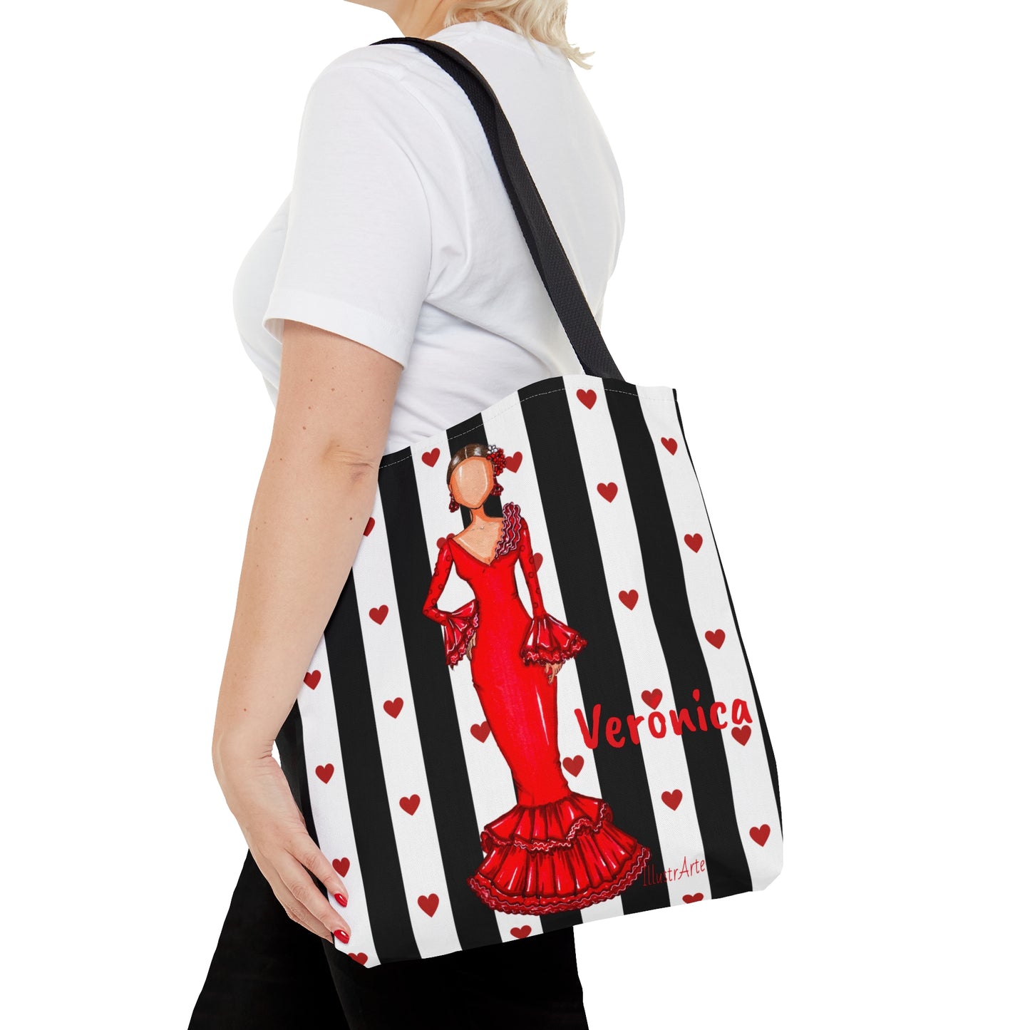 Flamenco lover Tote Bag, fabric tote bag with white black and white stripes background and a flamenco dancer in a red dress. Choose between 3 sizes. - IllustrArte