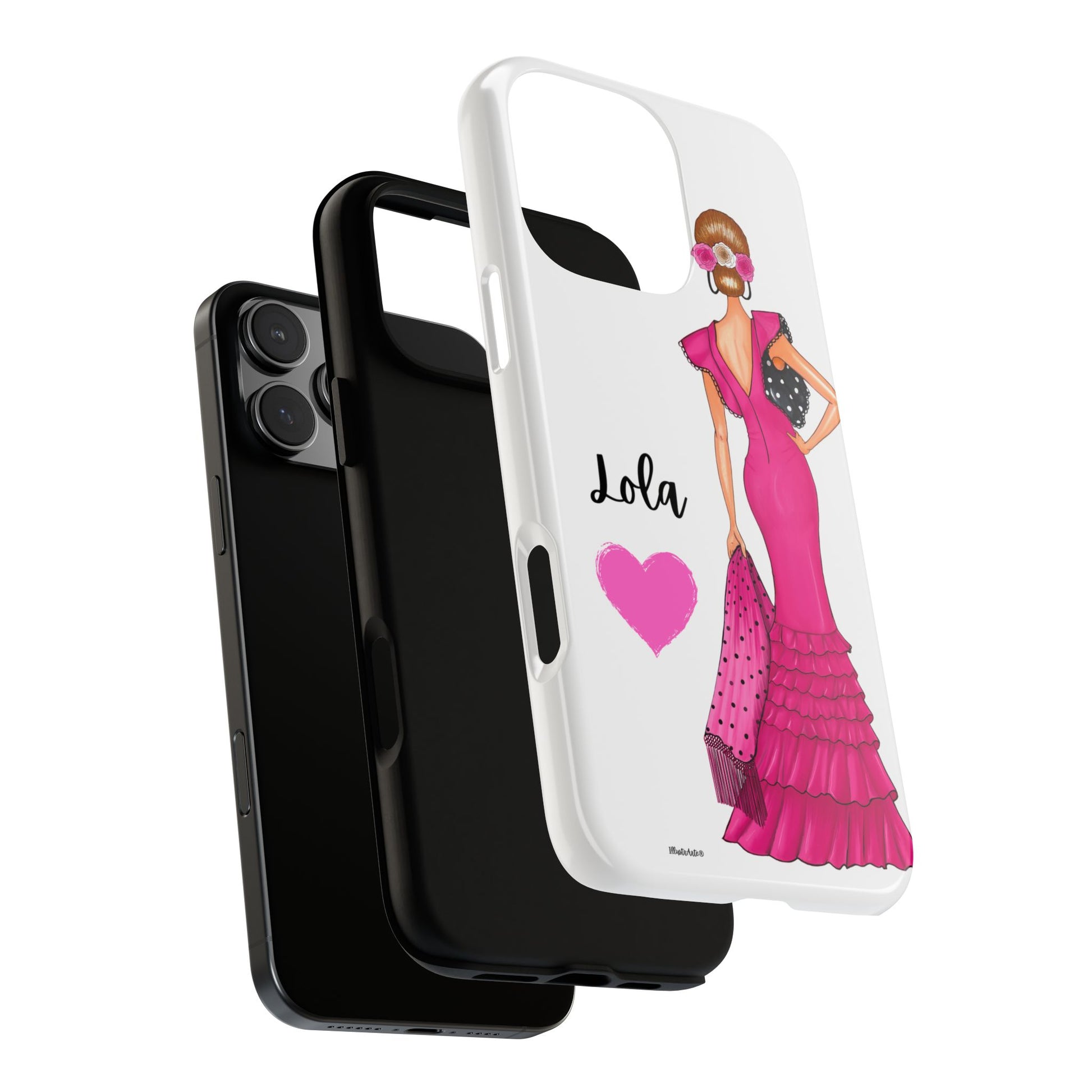 Funda de teléfono personalizable con nombre/bandera/Virgen - Modelo Manuela vestido rosa presentada con estilo contemporáneo.