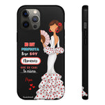 Personalised phone case flamenco dancer Pepa, white dress, with quote for iPhone 12 Pro Max, gloss finish – illustrArte