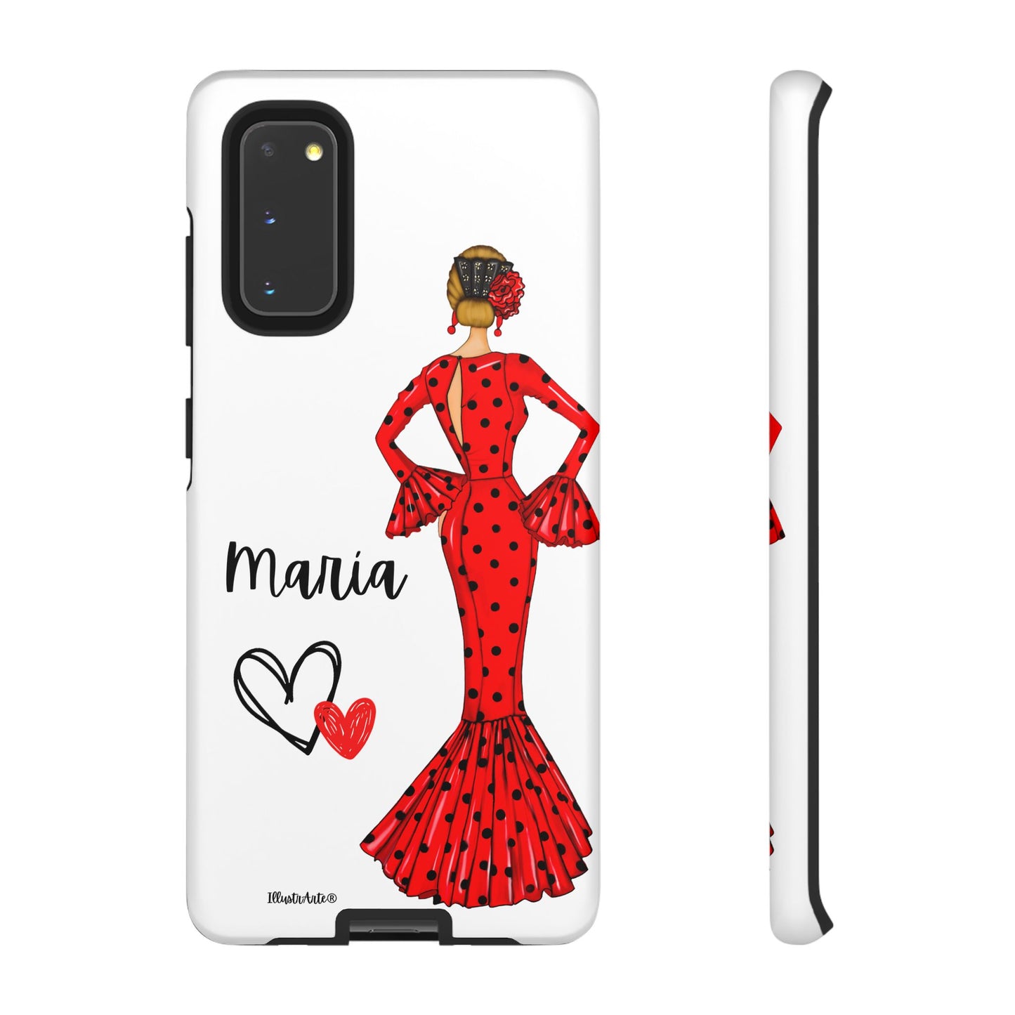 una funda de teléfono con una mujer en un vestido rojo