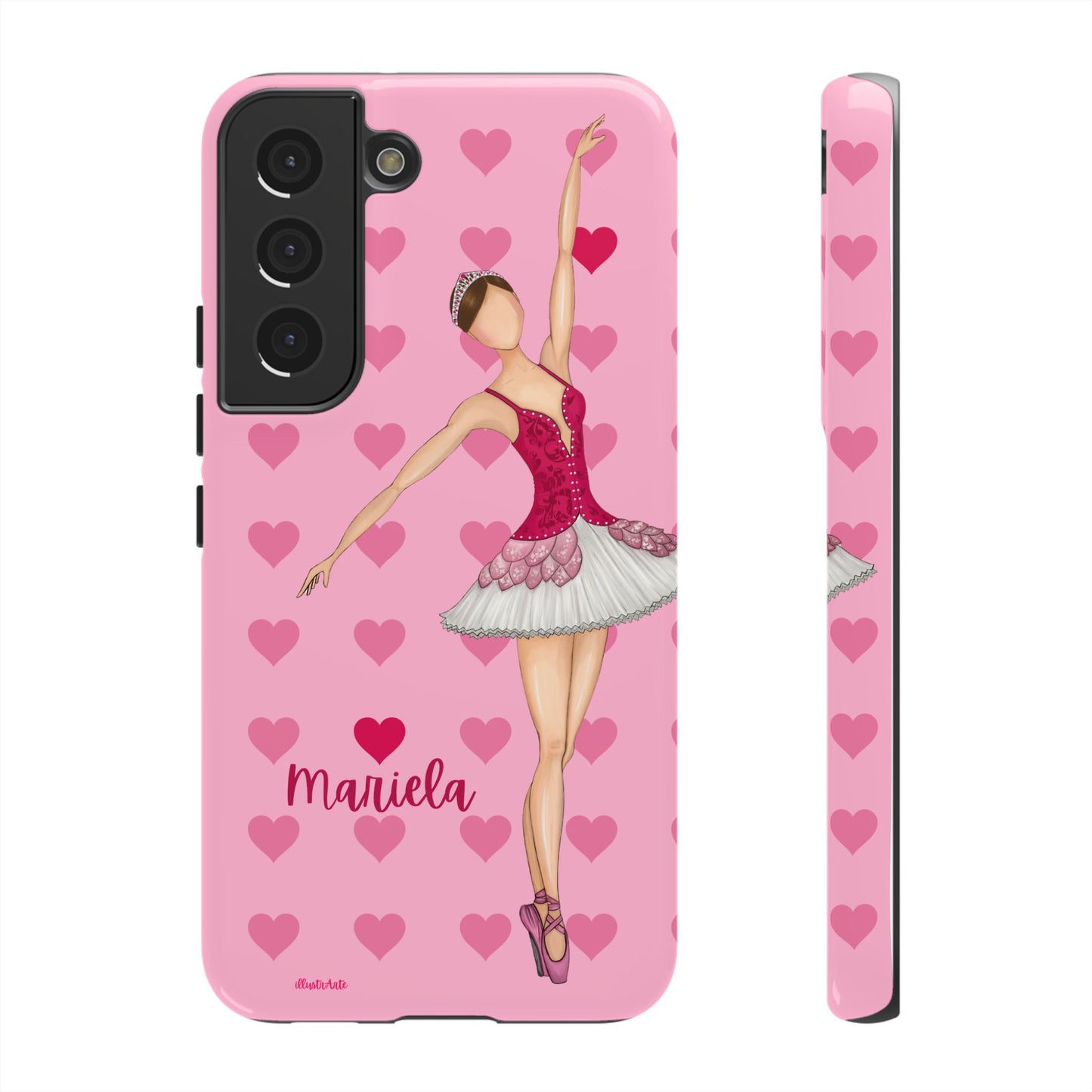 una funda de teléfono rosa con una bailarina en ella