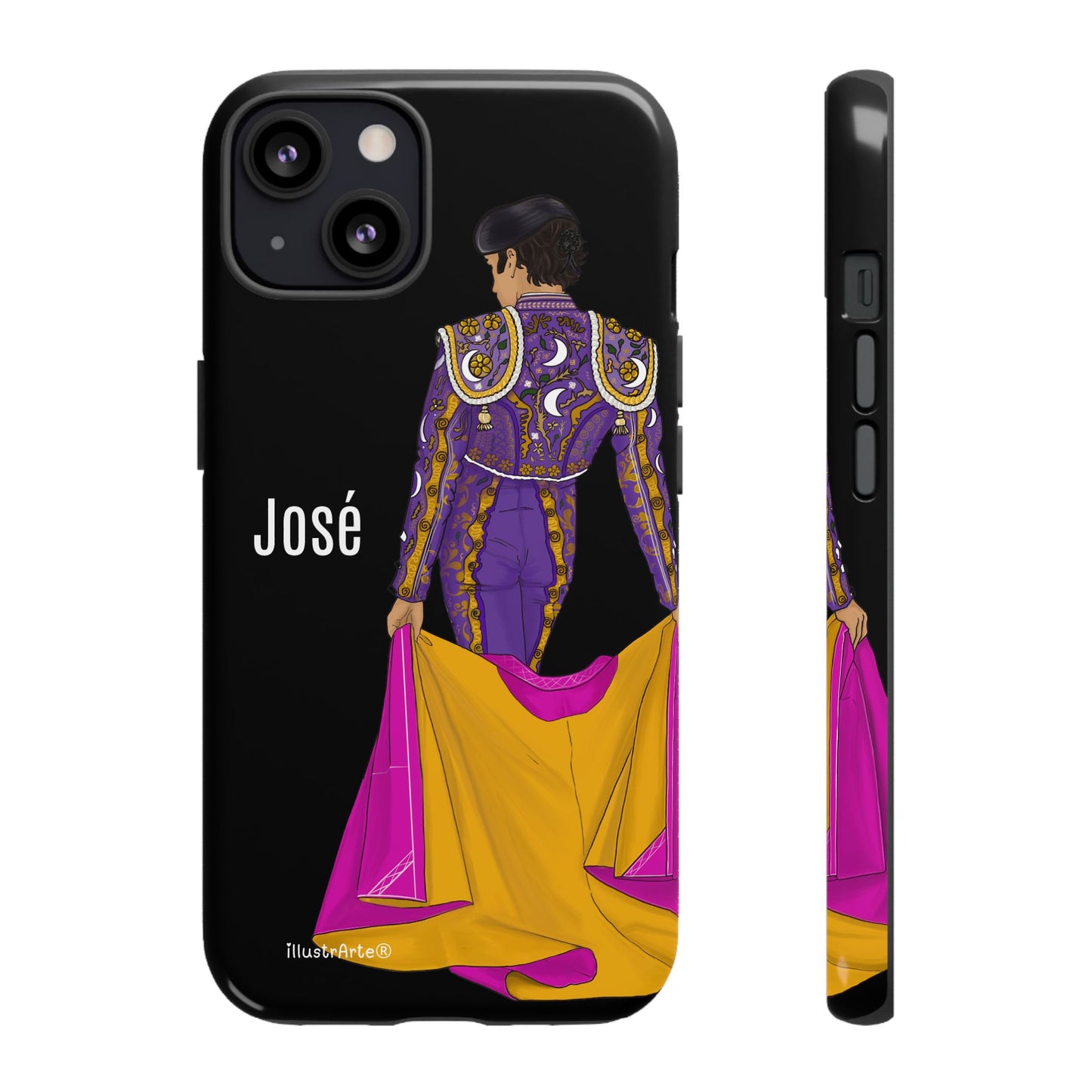 Personalized phone case featuring bullfighter José on a green background – for iPhone, Samsung, Pixel