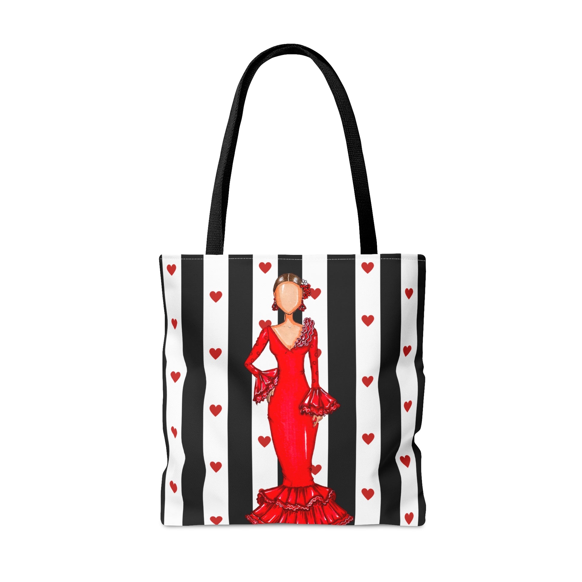 Flamenco lover Tote Bag, fabric tote bag with white black and white stripes background and a flamenco dancer in a red dress. Choose between 3 sizes. - IllustrArte