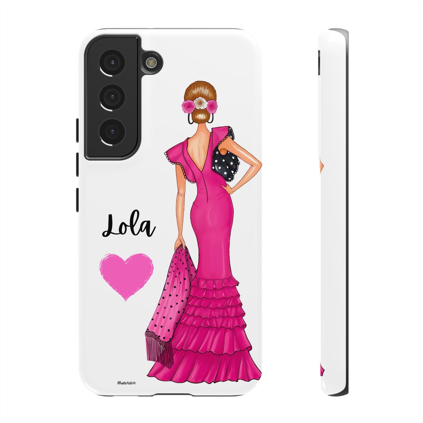 una funda para teléfono con una mujer en un vestido rosa