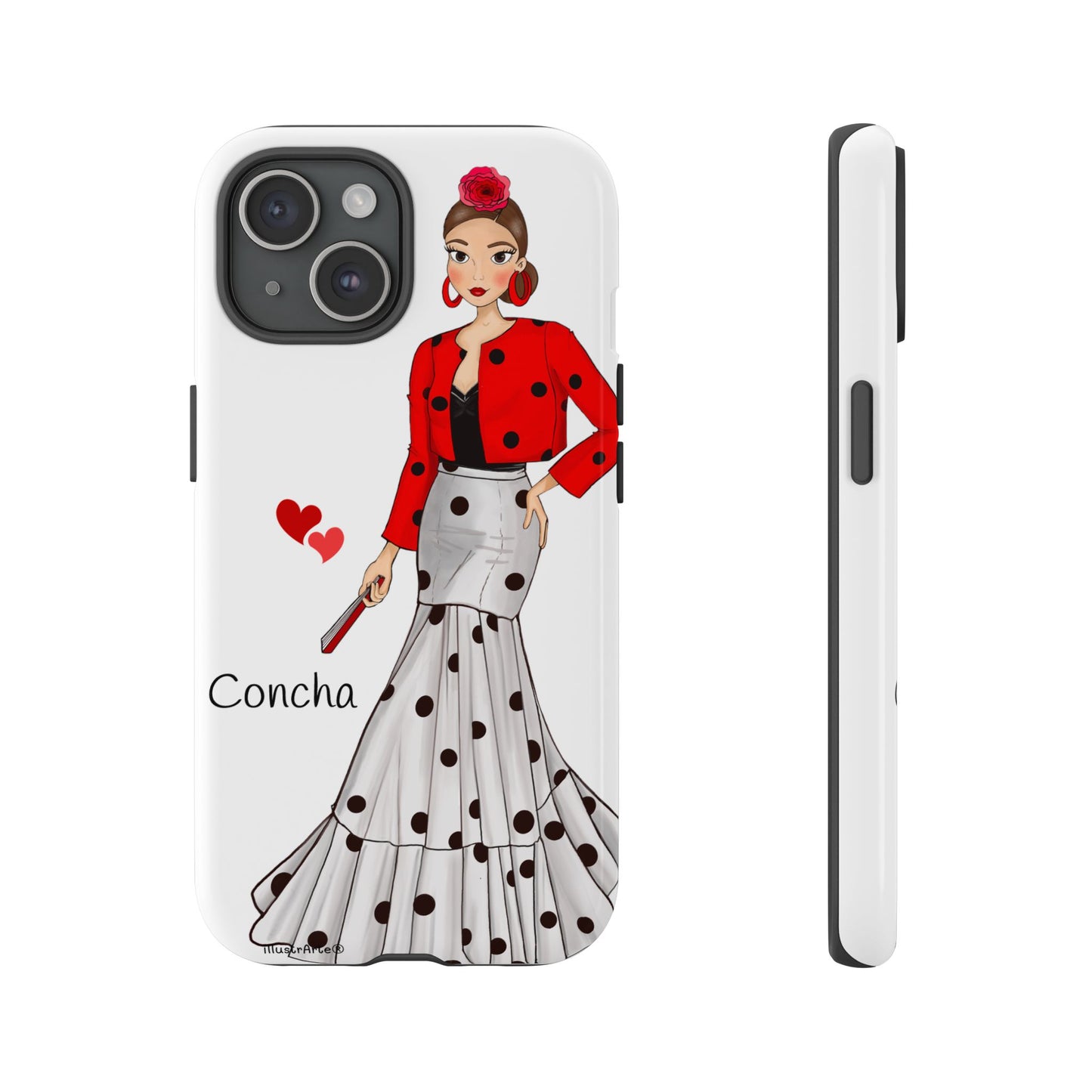 Funda de teléfono personalizable modelo Conchita, perfecta para mostrar tu propio estilo con nombre y bandera.