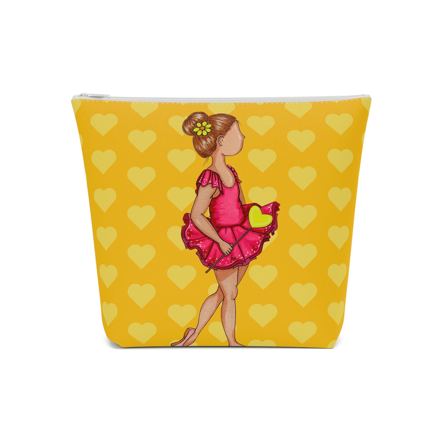 a yellow bag with a picture of a girl in a pink dress