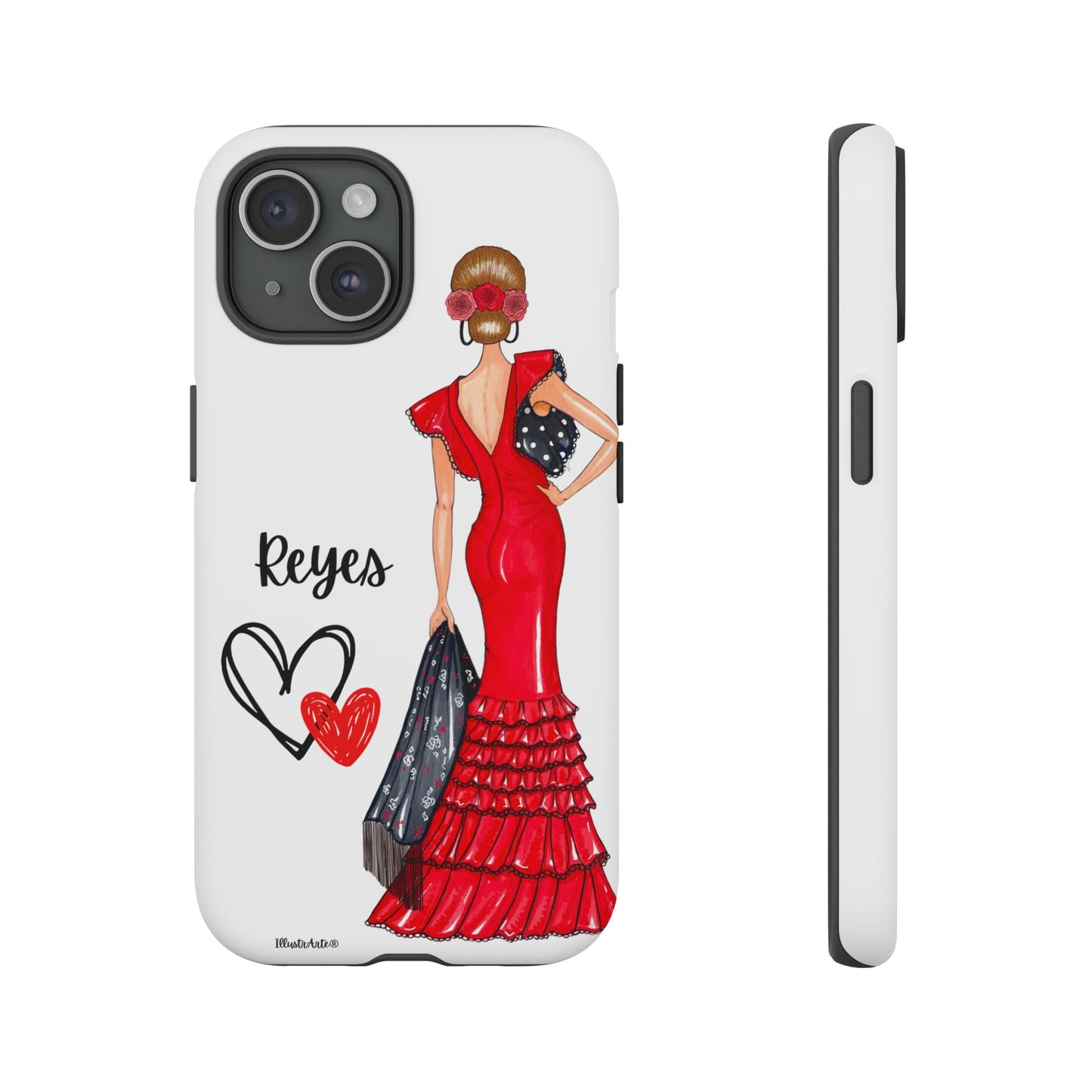 una funda de teléfono con una mujer en un vestido rojo