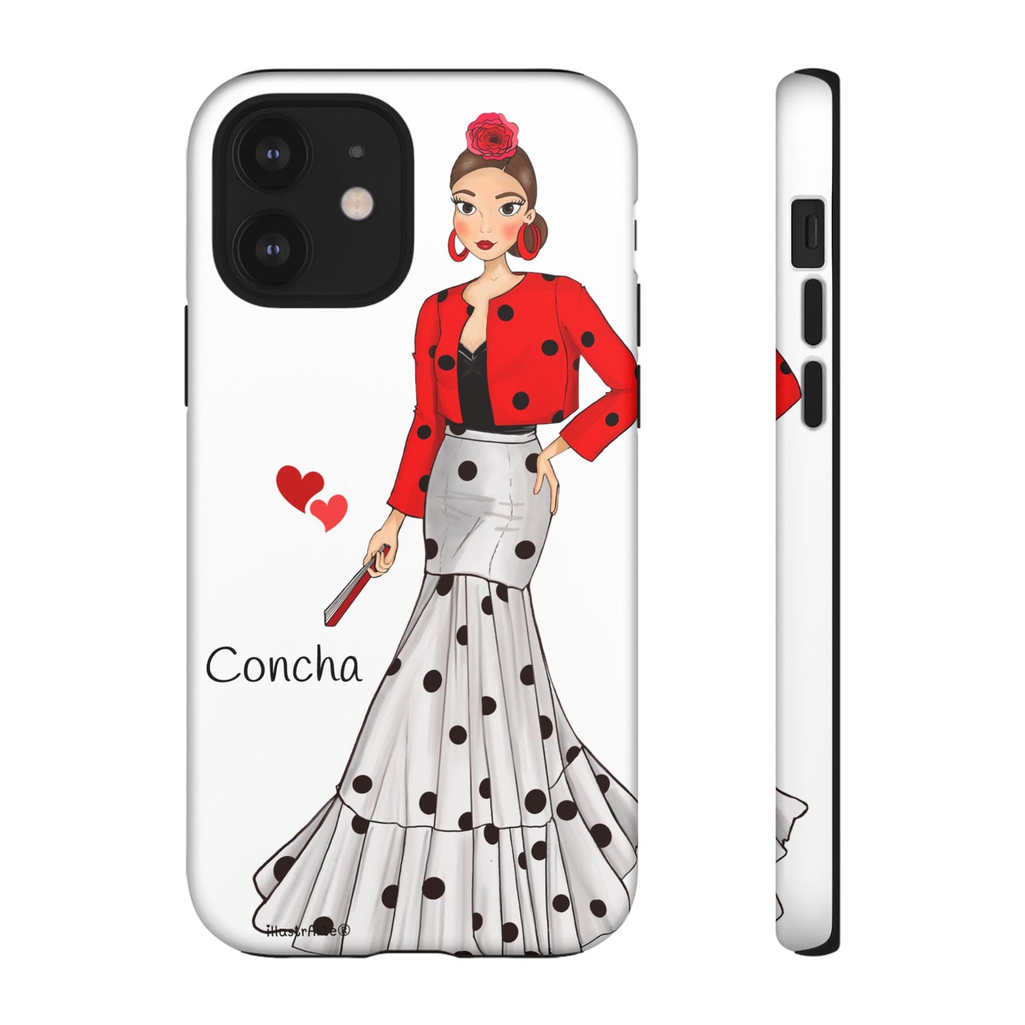 Muestra de la funda de teléfono personalizable con nombre y diseño de la Virgen, modelo Conchita, en fondo blanco con detalles coloridos.