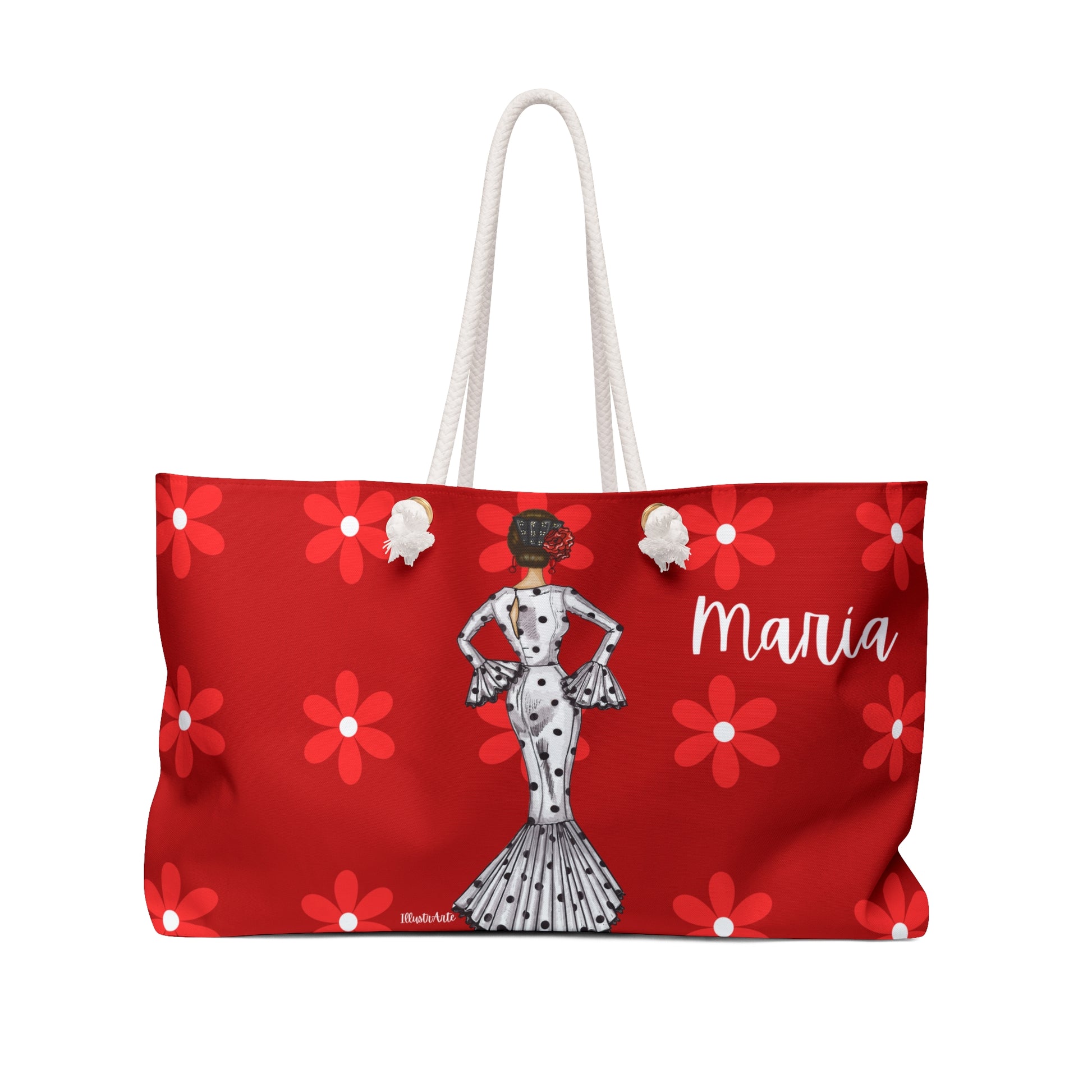 a red bag with a picture of a woman on it