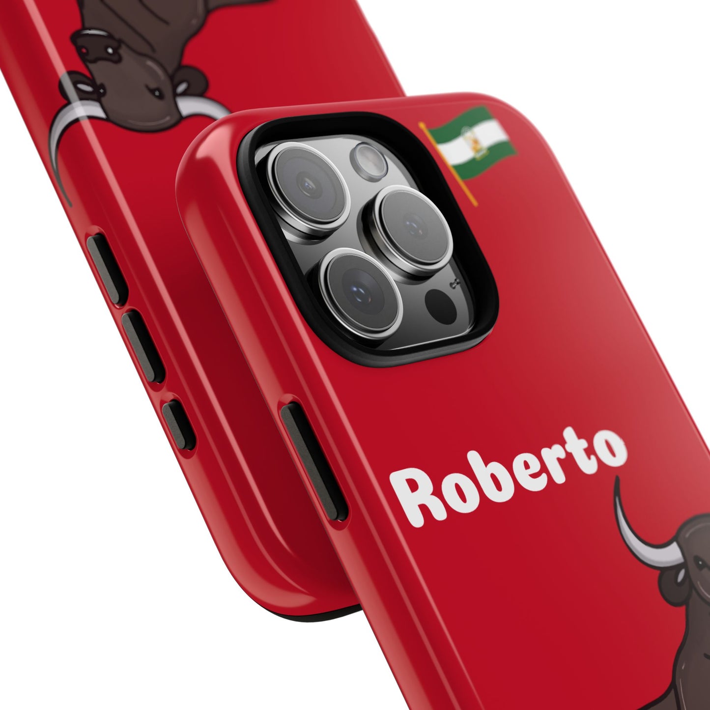 una funda roja con una imagen de un toro en ella