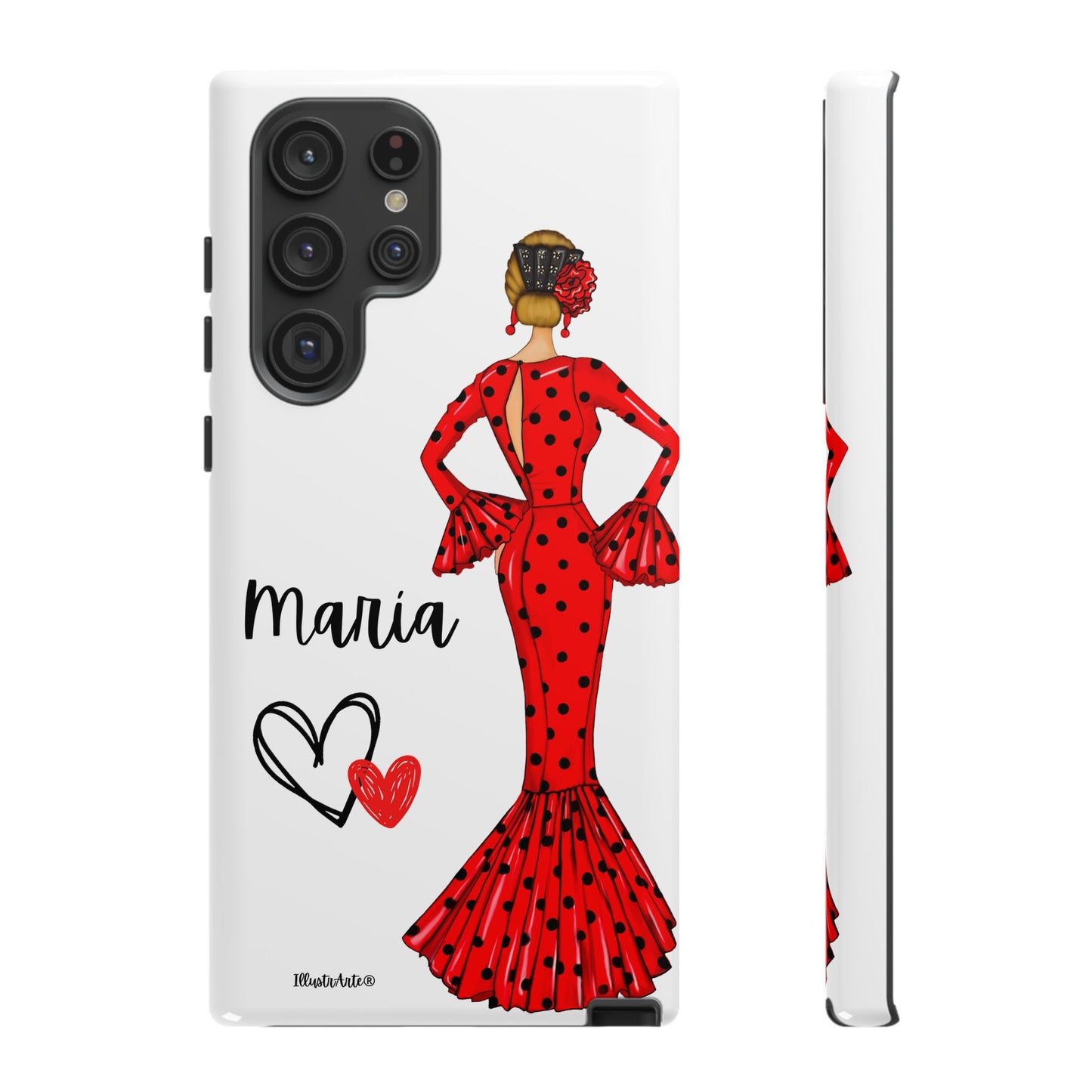 una funda de teléfono con una mujer en un vestido rojo