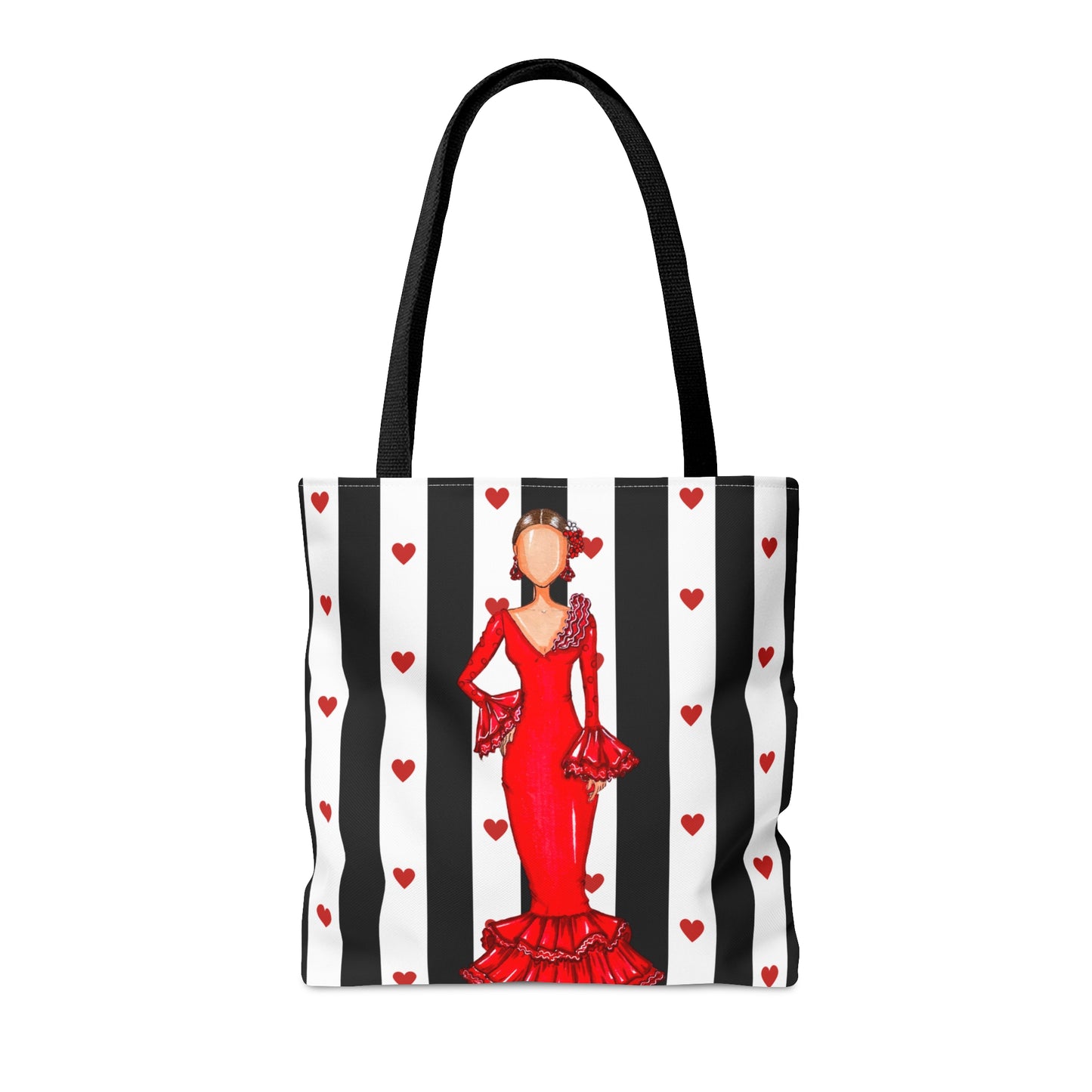 Flamenco lover Tote Bag, fabric tote bag with white black and white stripes background and a flamenco dancer in a red dress. Choose between 3 sizes. - IllustrArte