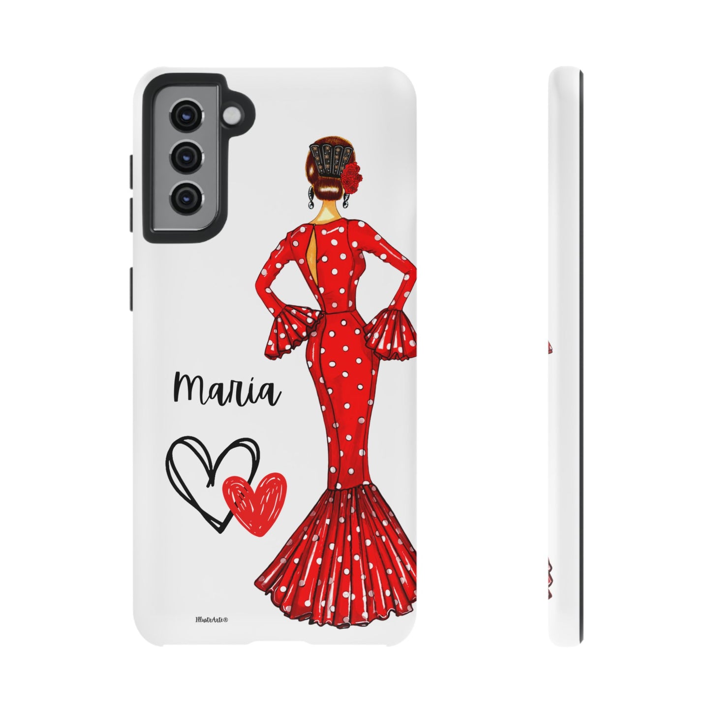 una funda de teléfono con una foto de una mujer en un vestido rojo