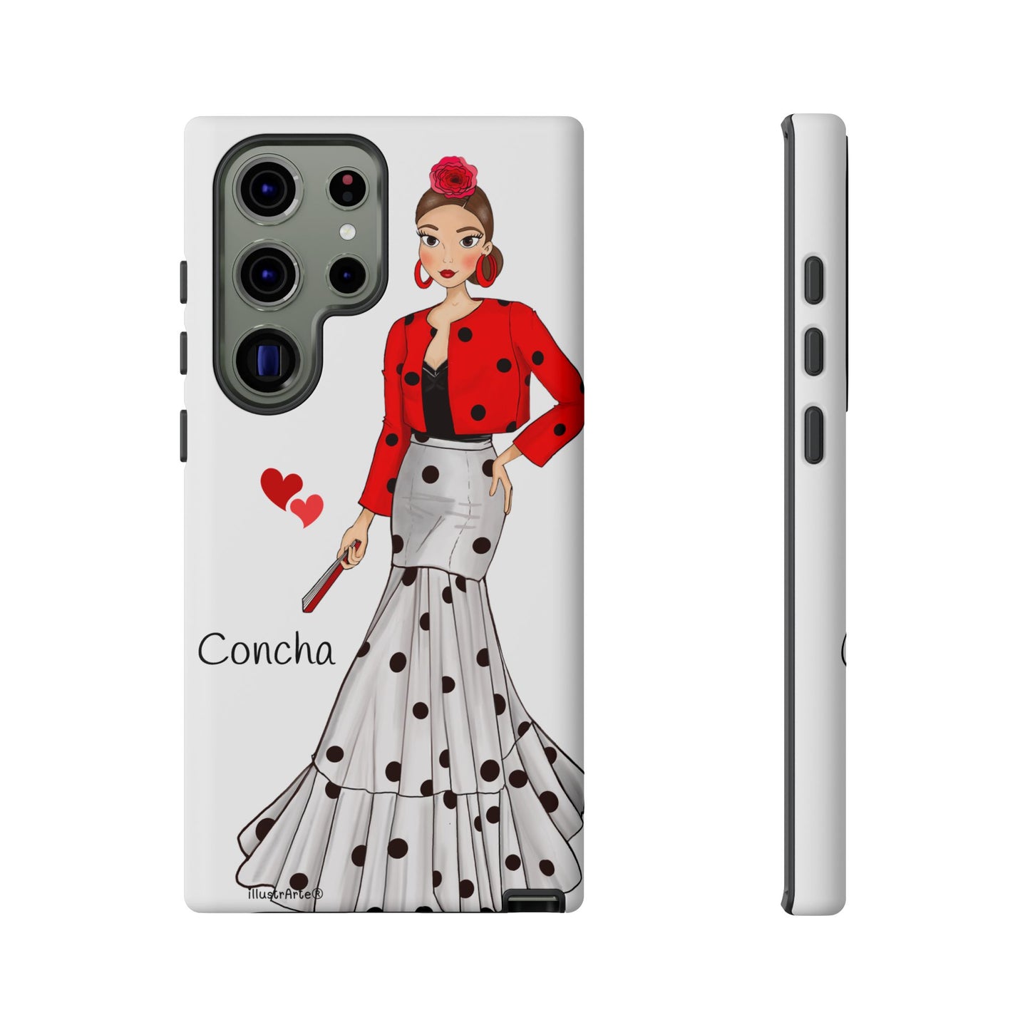 Fondo blanco de la funda de teléfono modelo Conchita, destacando el diseño personalizable y la funcionalidad.