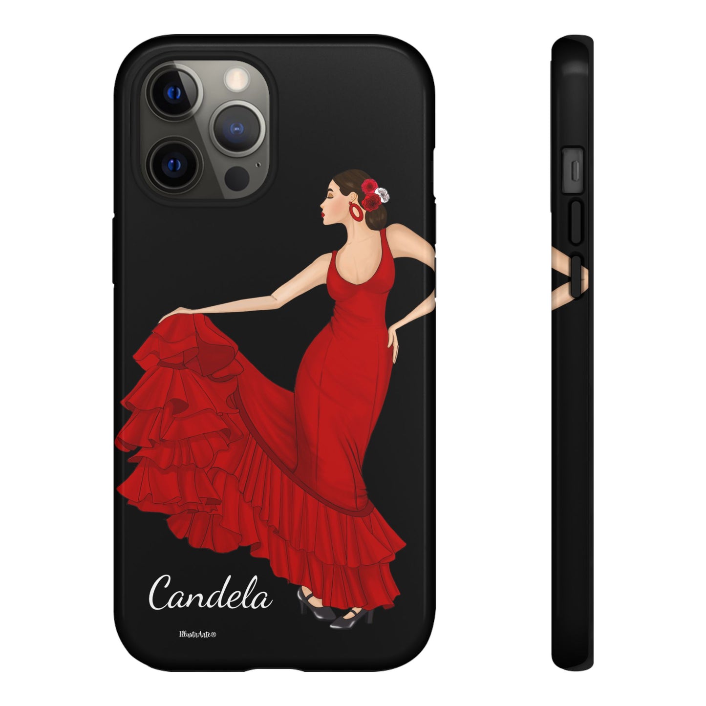 una funda de teléfono con una imagen de una mujer en un vestido rojo