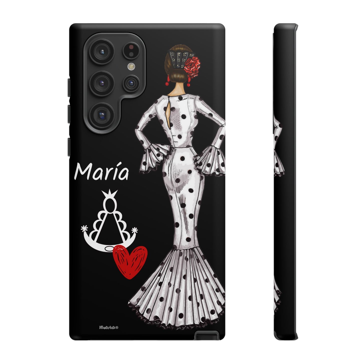 una funda de teléfono con una mujer en un vestido y un corazón