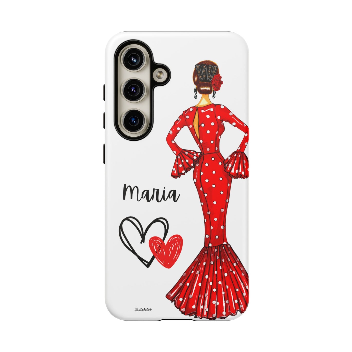 una funda de teléfono con una mujer en un vestido rojo