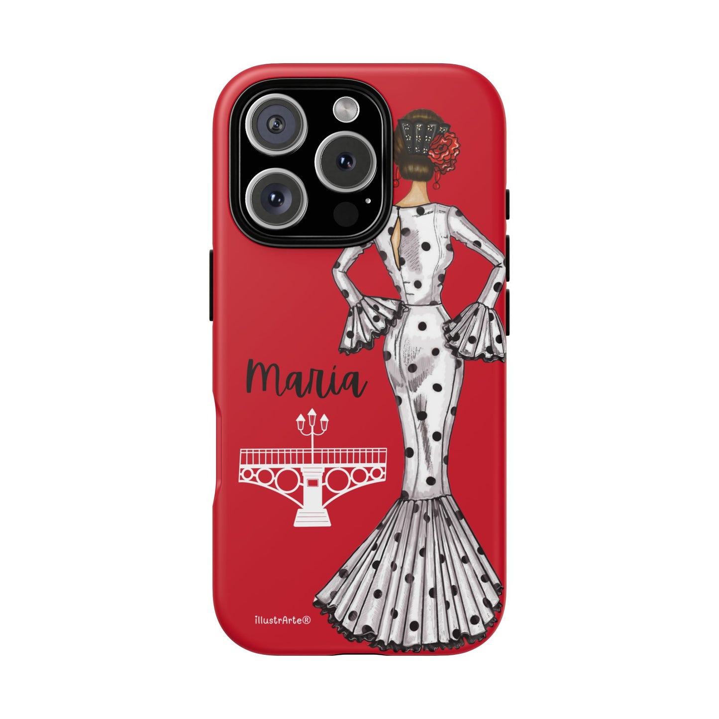 Funda de teléfono personalizada con diseño flamenco de María, ideal para iPhone y Google Pixel.